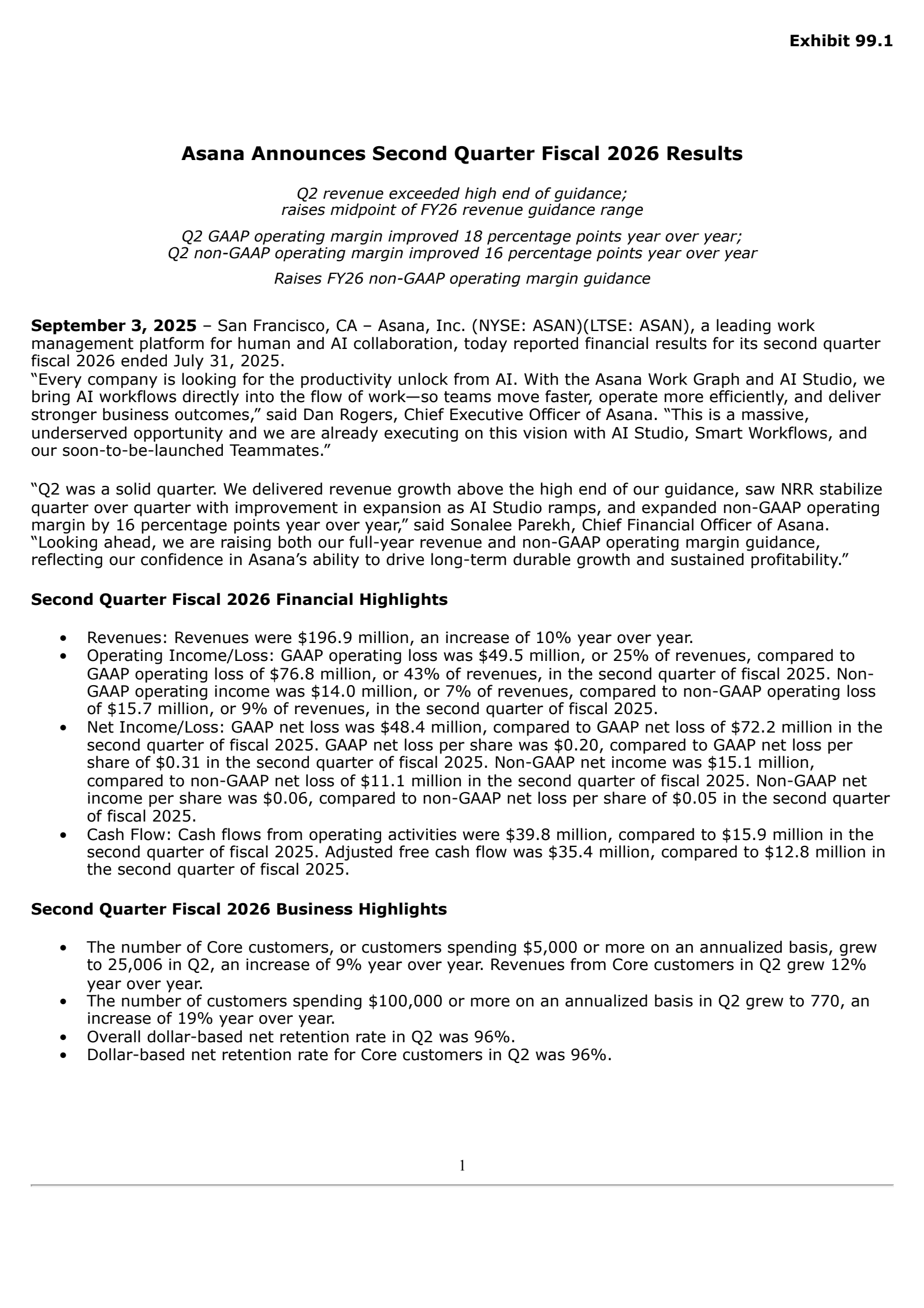 Asana's Q2 2026 Press Release