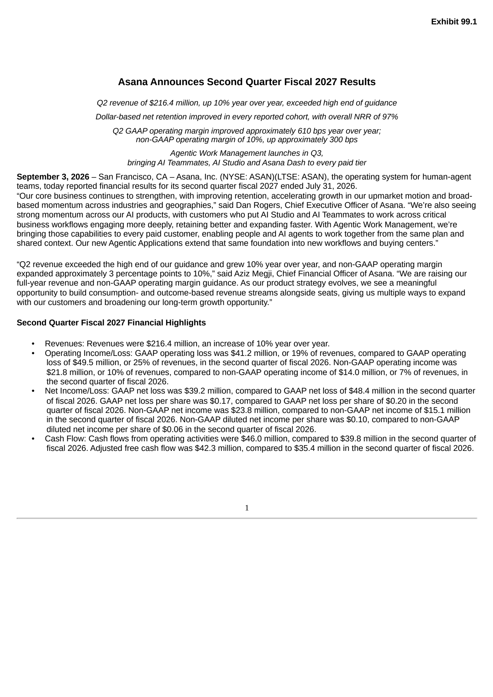Asana's Q2 2027 Press Release