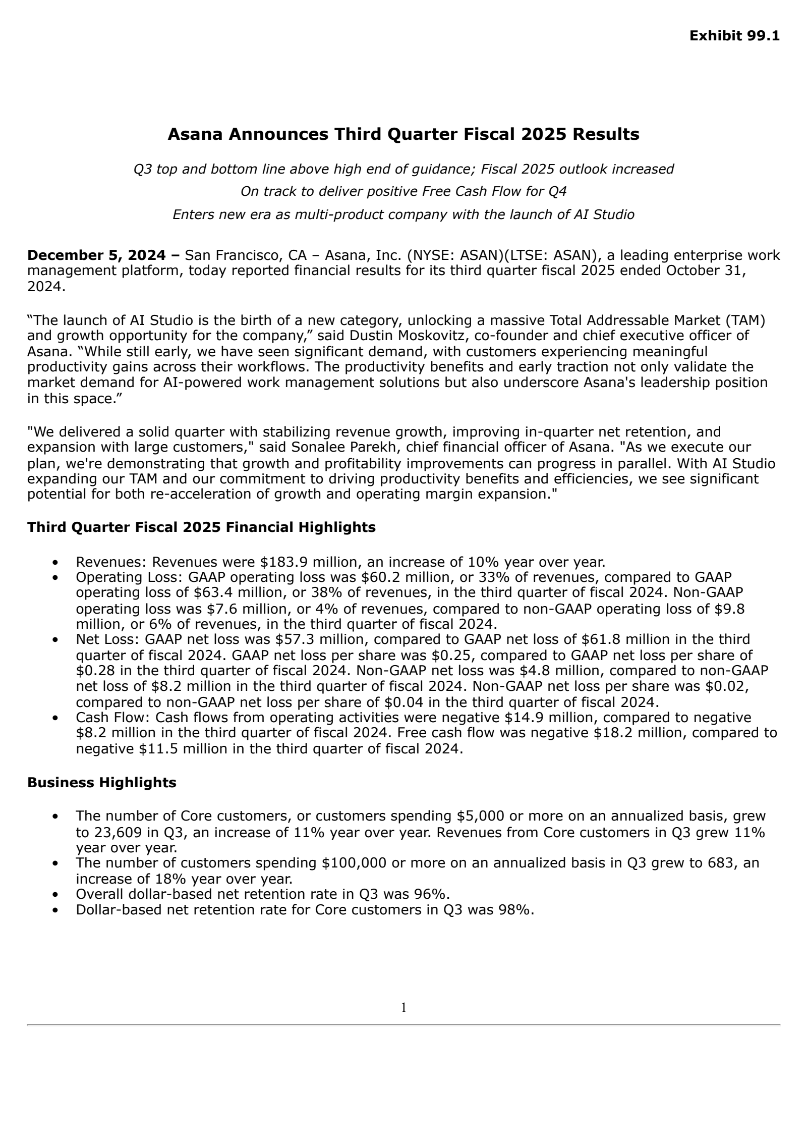 Asana's Q3 2025 Press Release