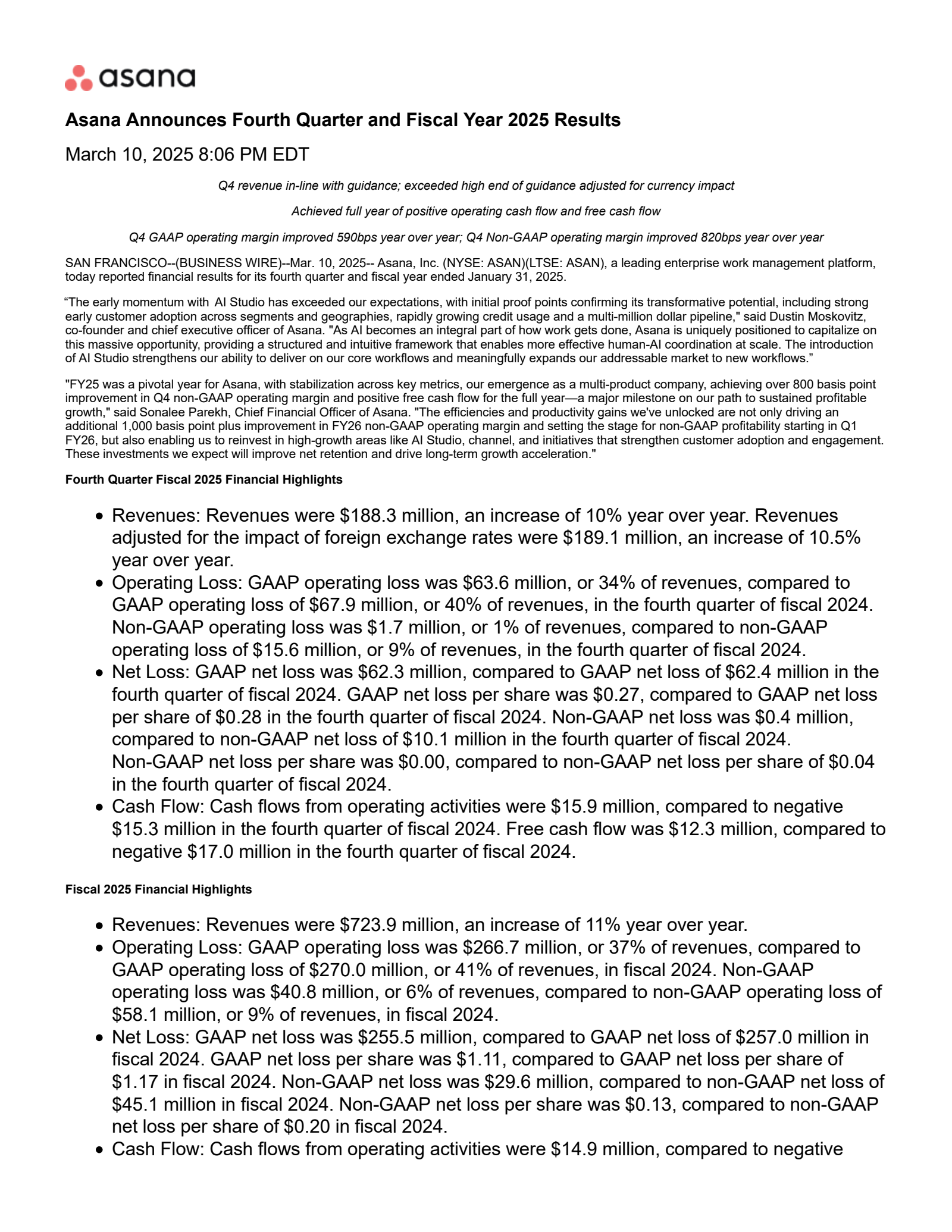 Asana's Q4 2025 Press Release