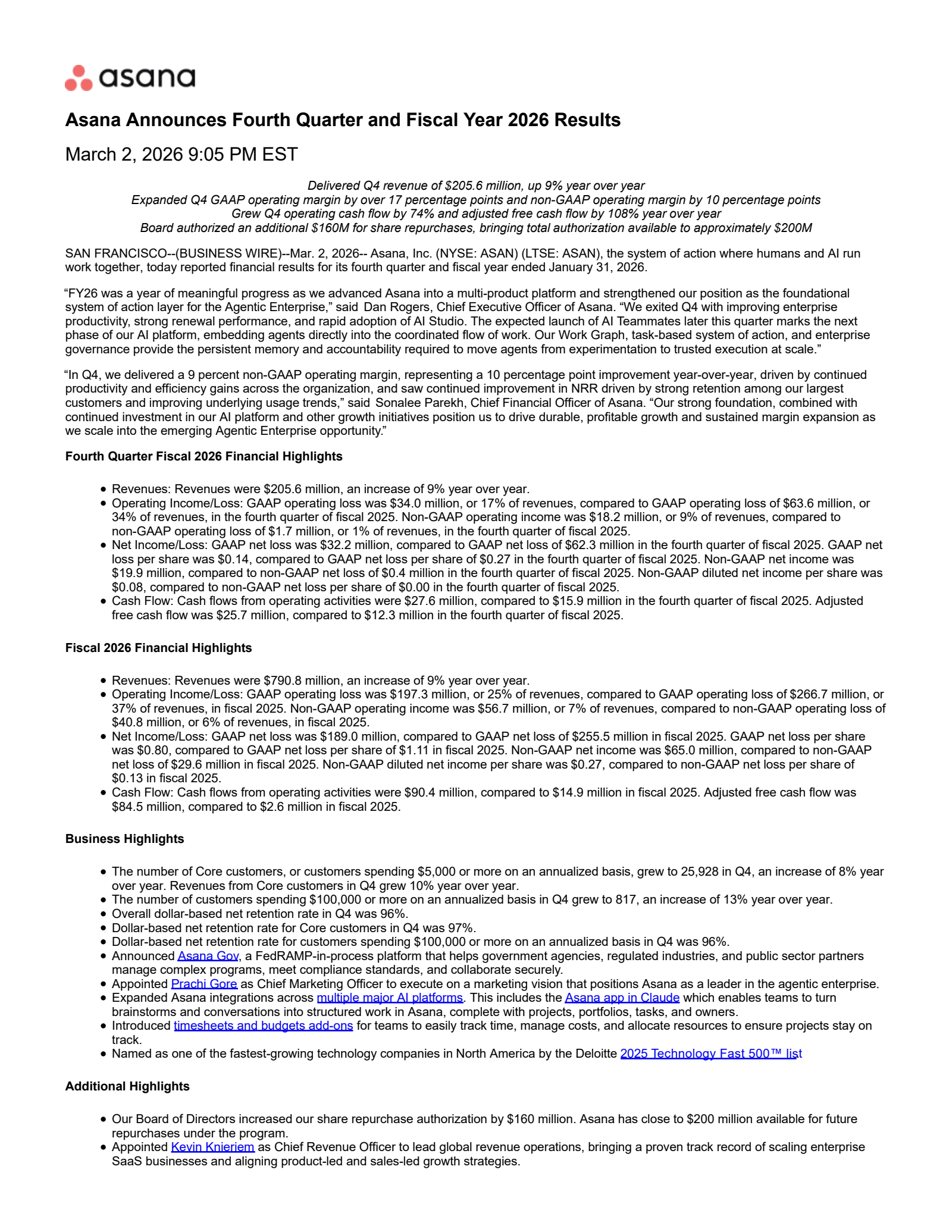 Asana's Q4 2026 Press Release