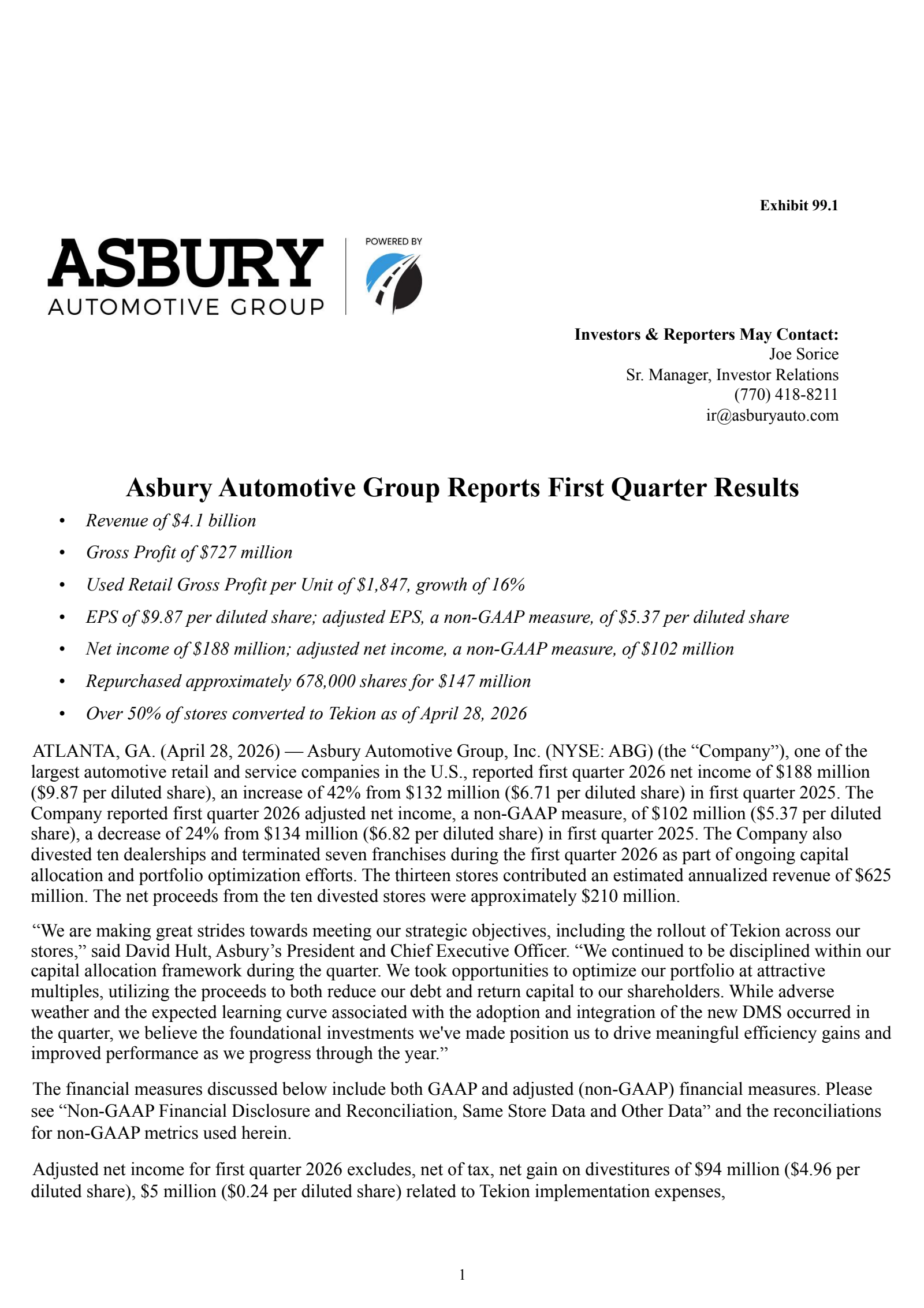 Asbury Automotive Group's Q1 2026 Press Release