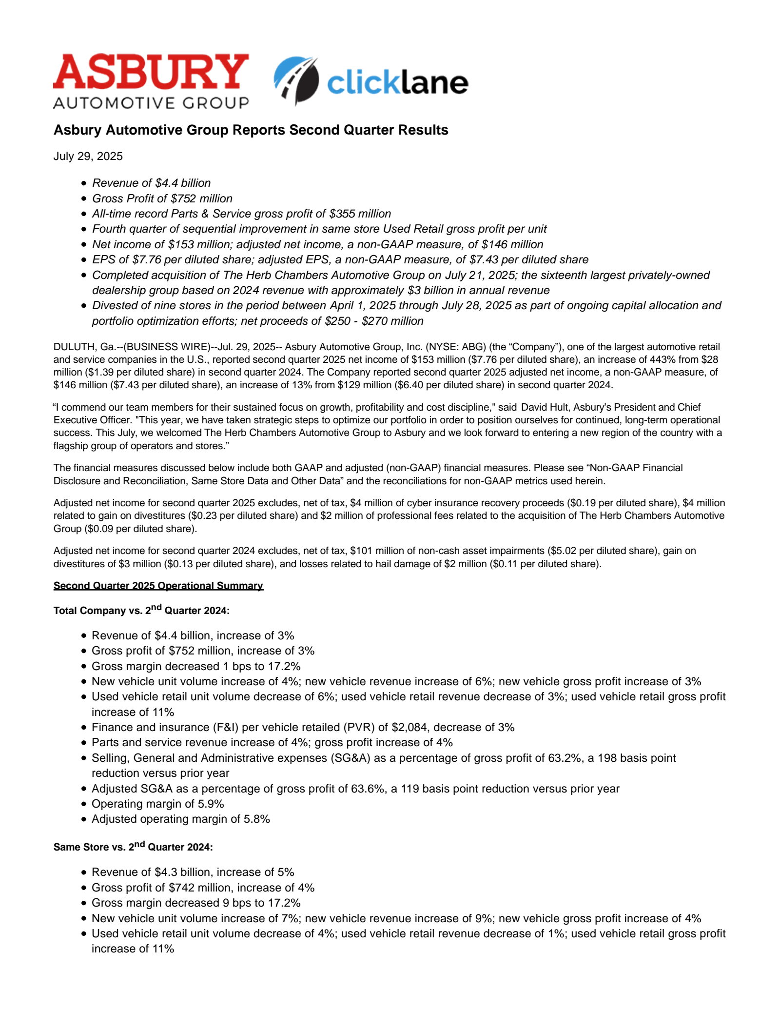 Asbury Automotive Group's Q2 2025 Press Release