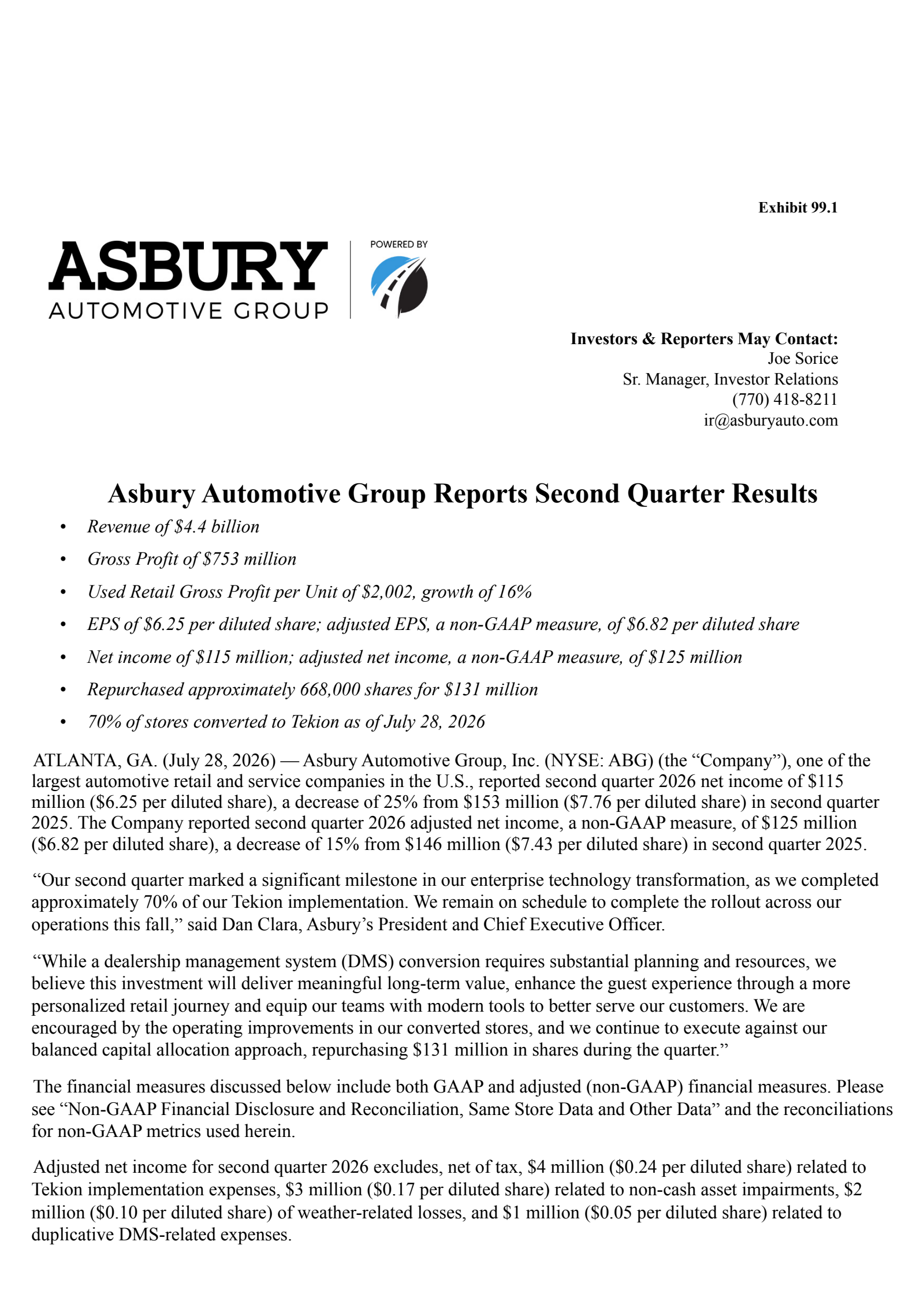 Asbury Automotive Group's Q2 2026 Press Release