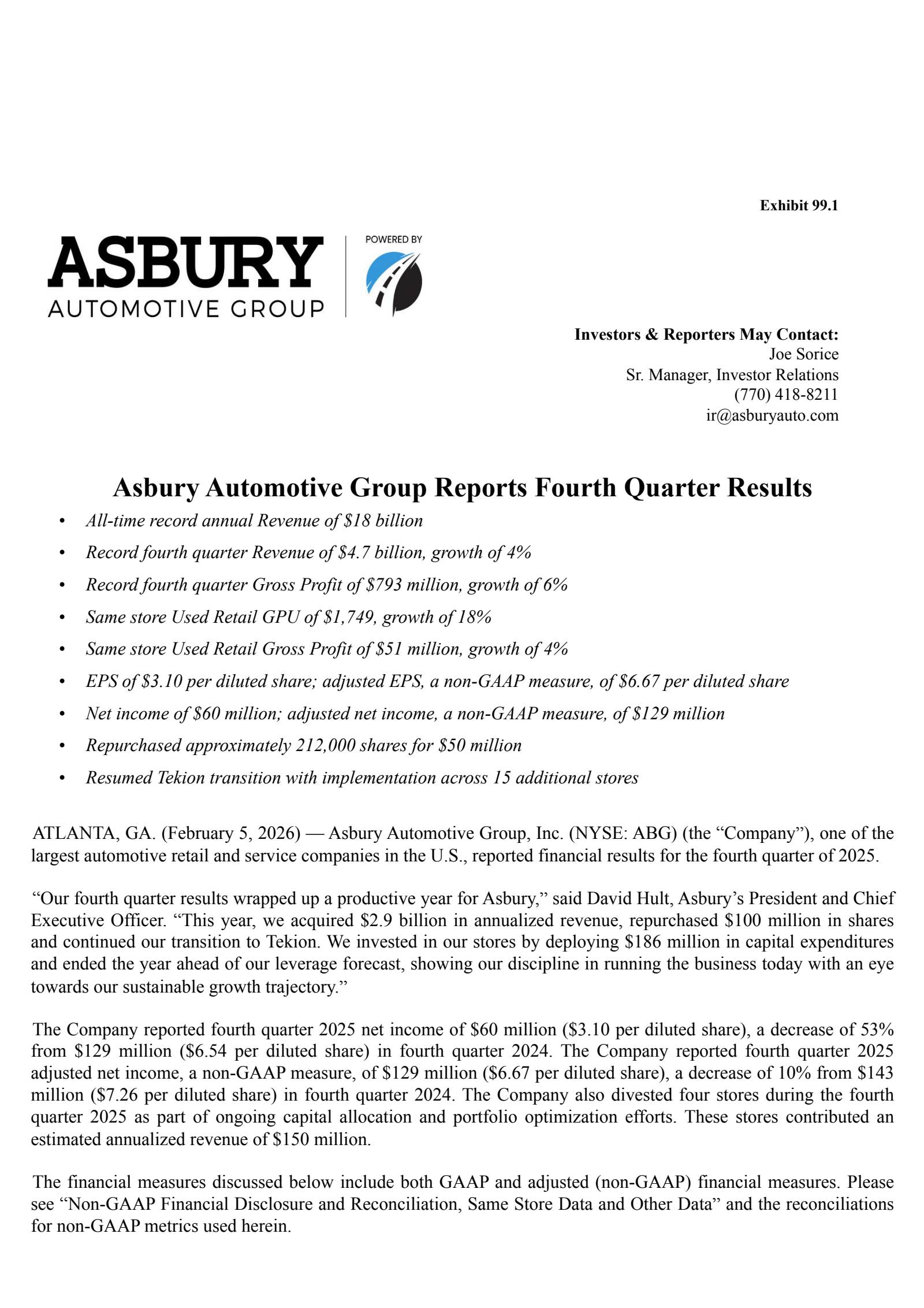 Asbury Automotive Group's Q4 2025 Press Release