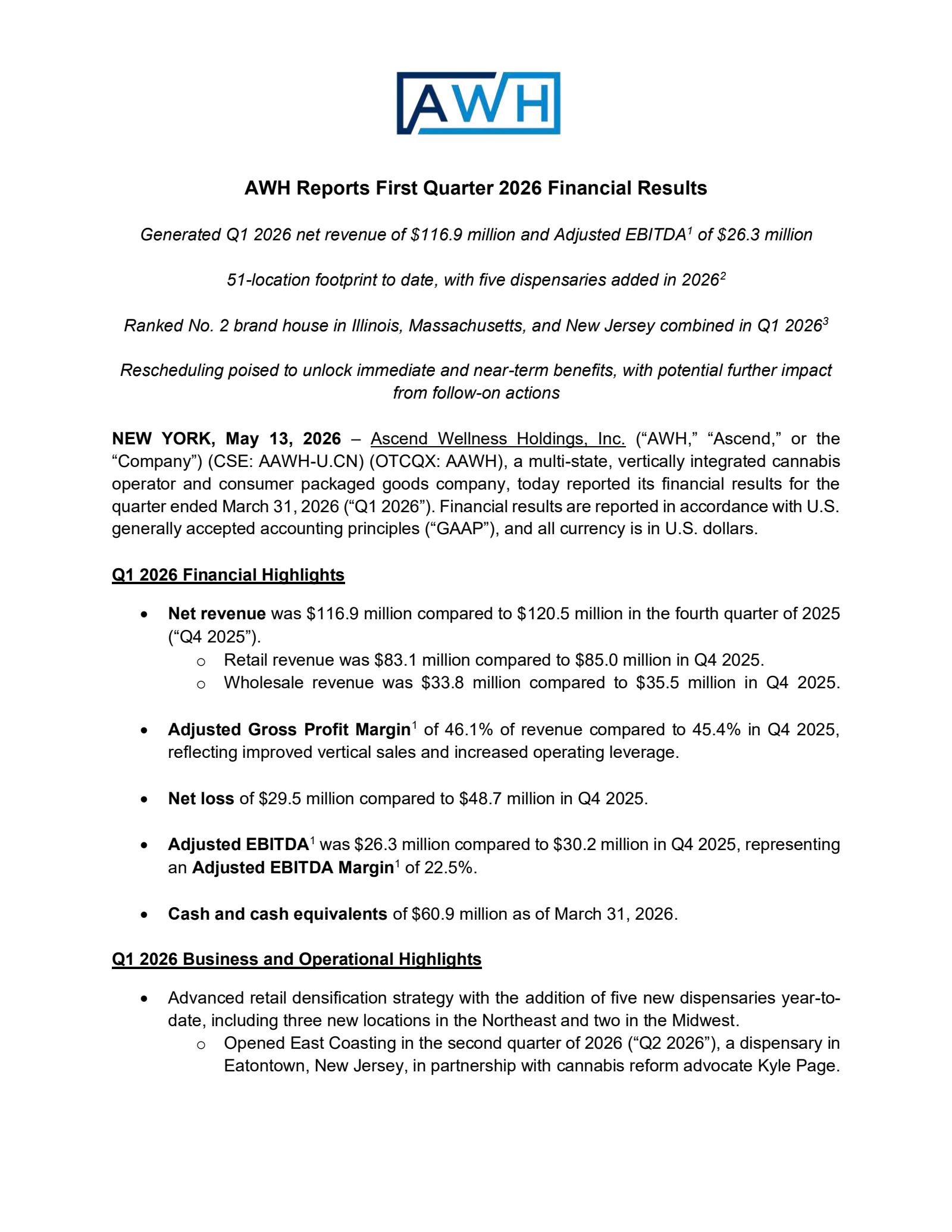 Ascend Wellness' Q1 2026 Press Release