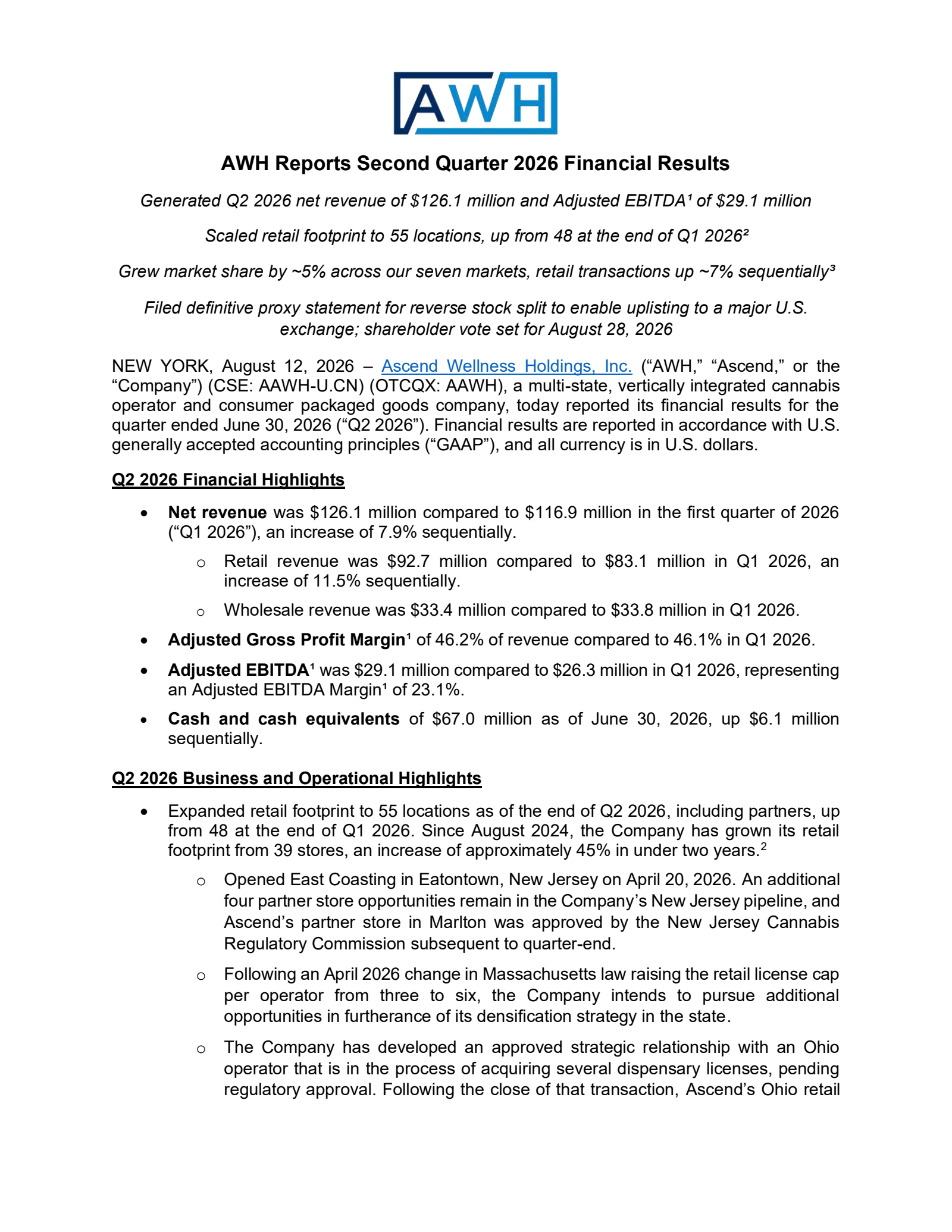 Ascend Wellness' Q2 2026 Press Release