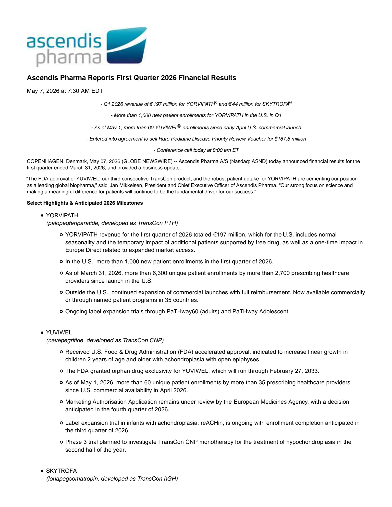 Ascendis Pharma A/S's Q1 2026 Press Release