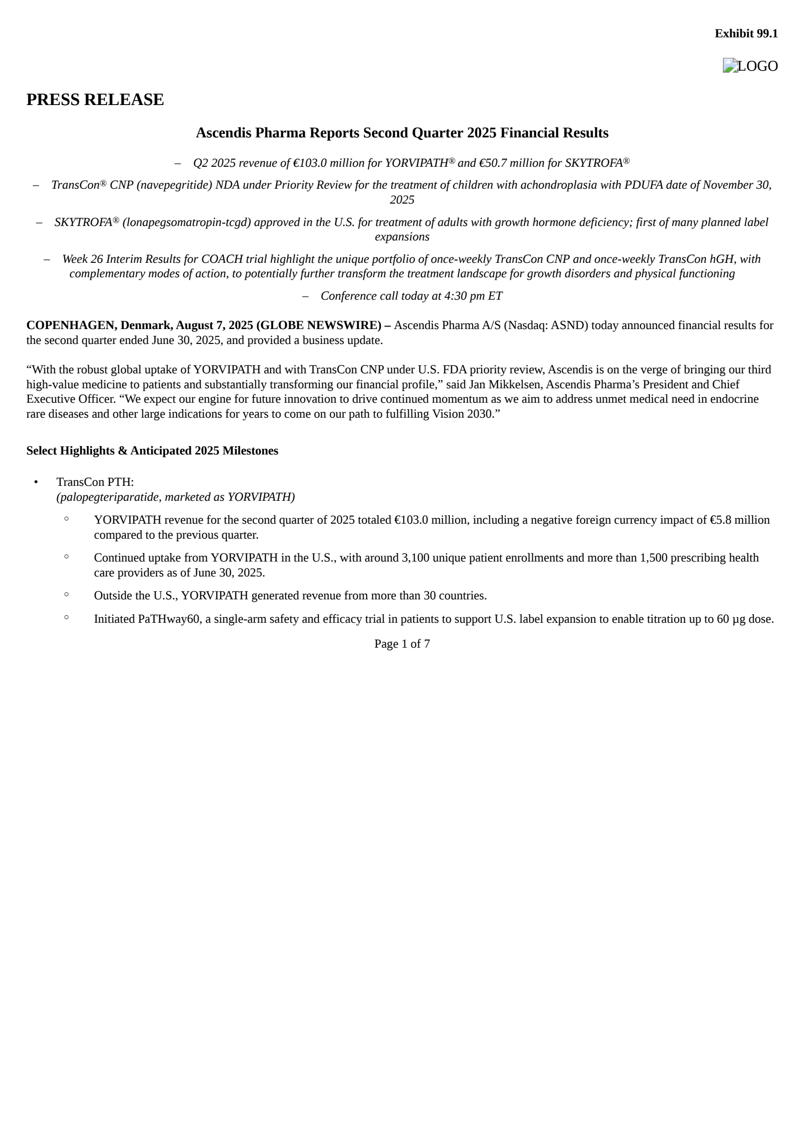 Ascendis Pharma A/S's Q2 2025 Press Release