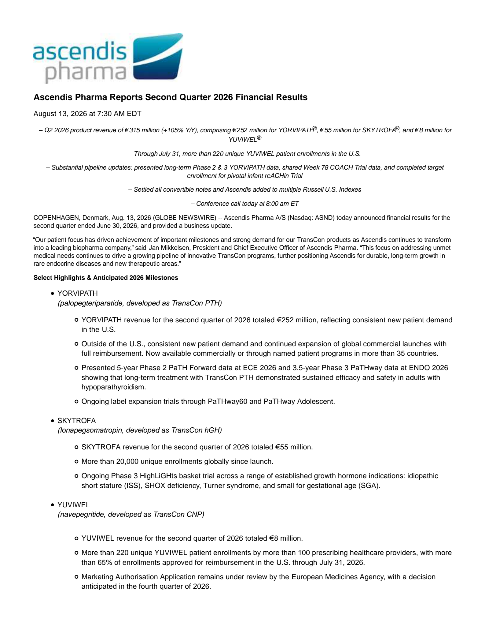 Ascendis Pharma A/S's Q2 2026 Press Release