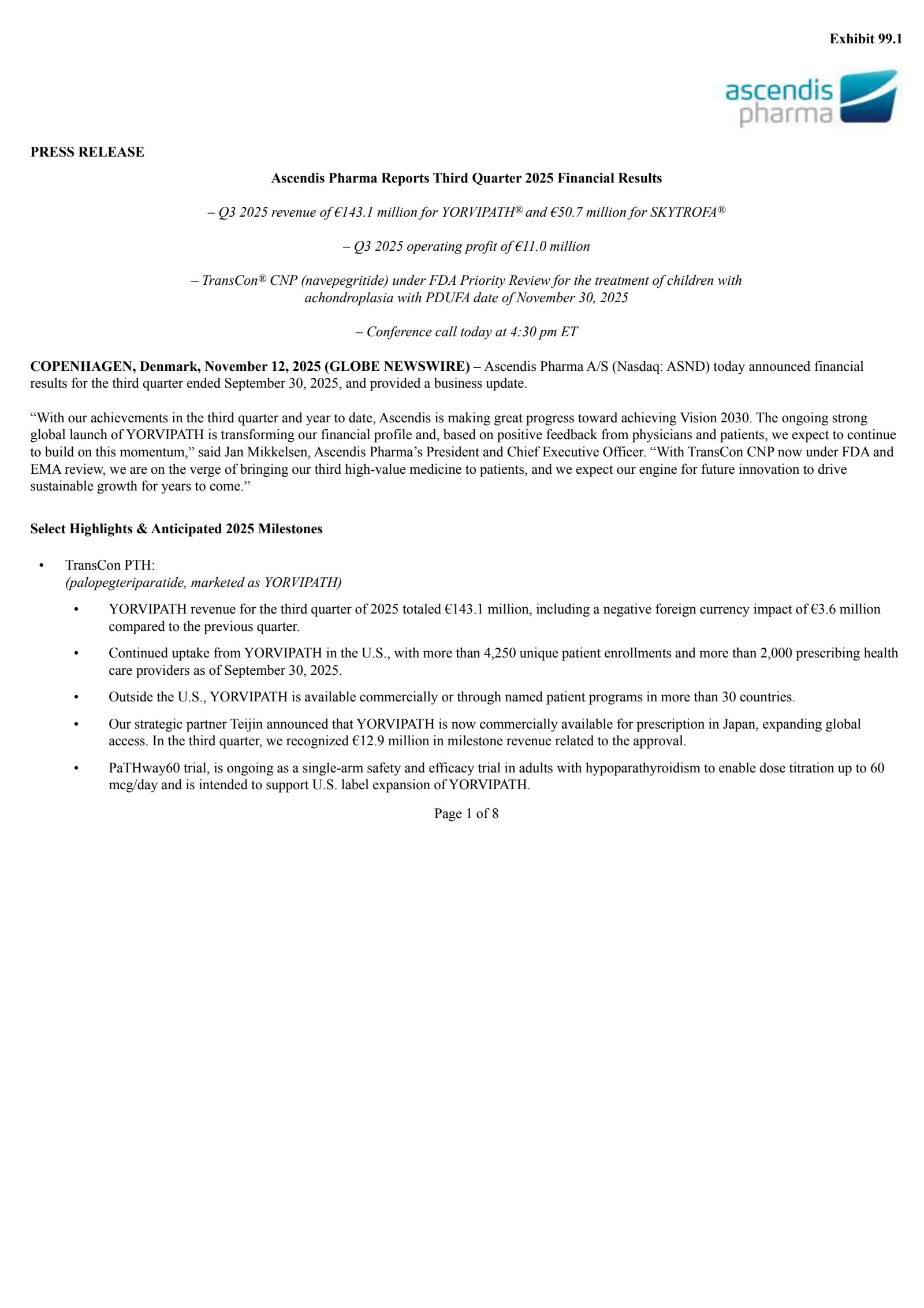 Ascendis Pharma A/S's Q3 2025 Earnings Release