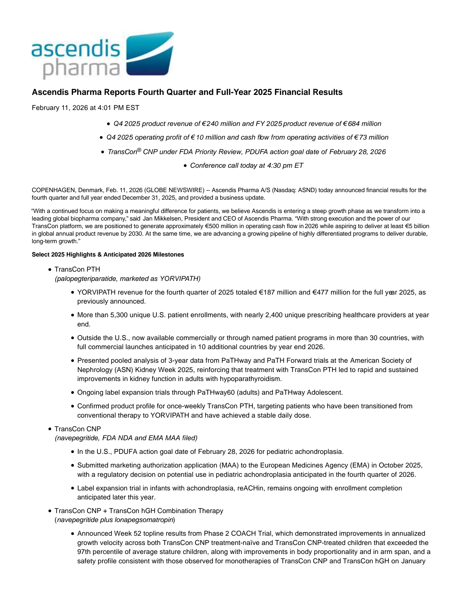 Ascendis Pharma A/S's Q4 2025 Press Release