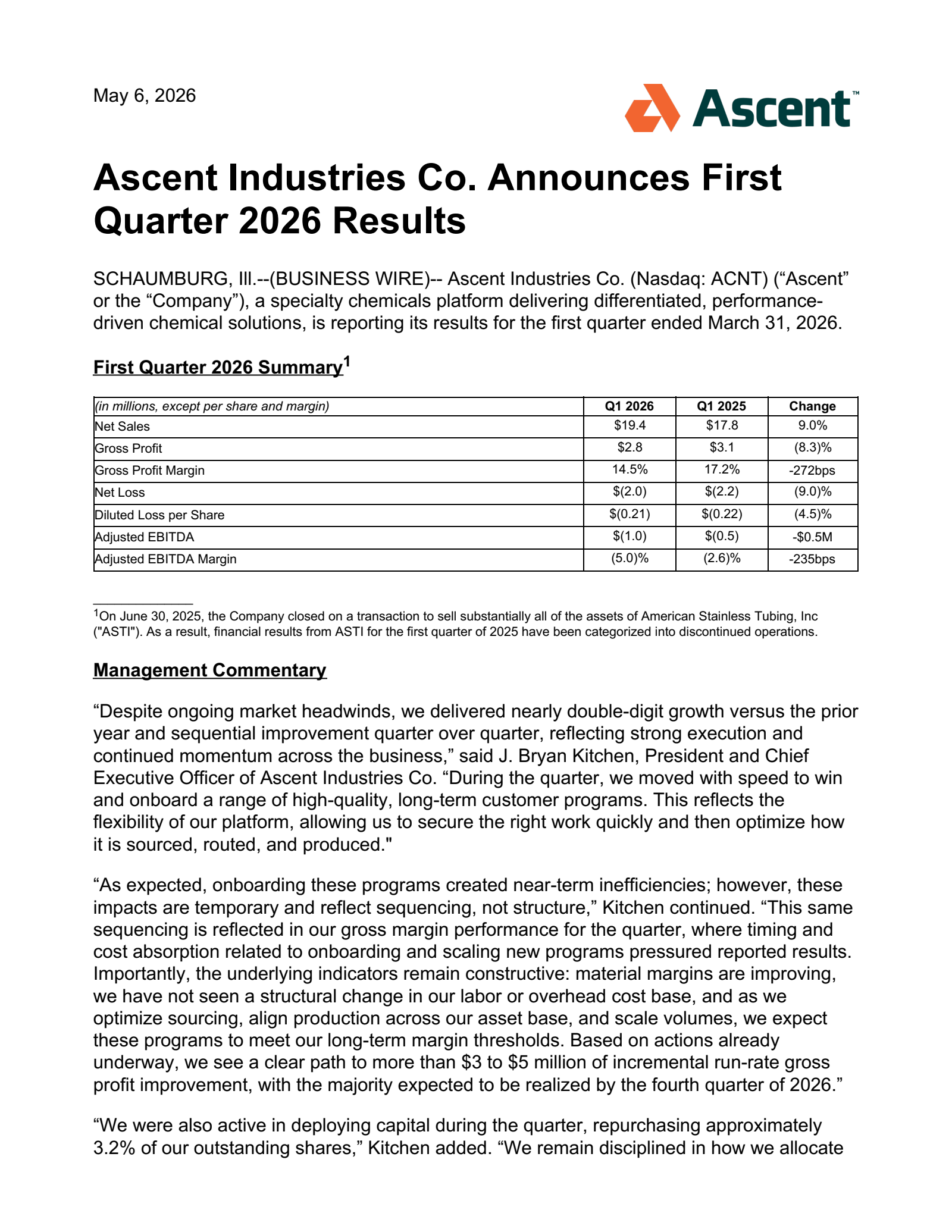 Ascent Industries' Q1 2026 Press Release
