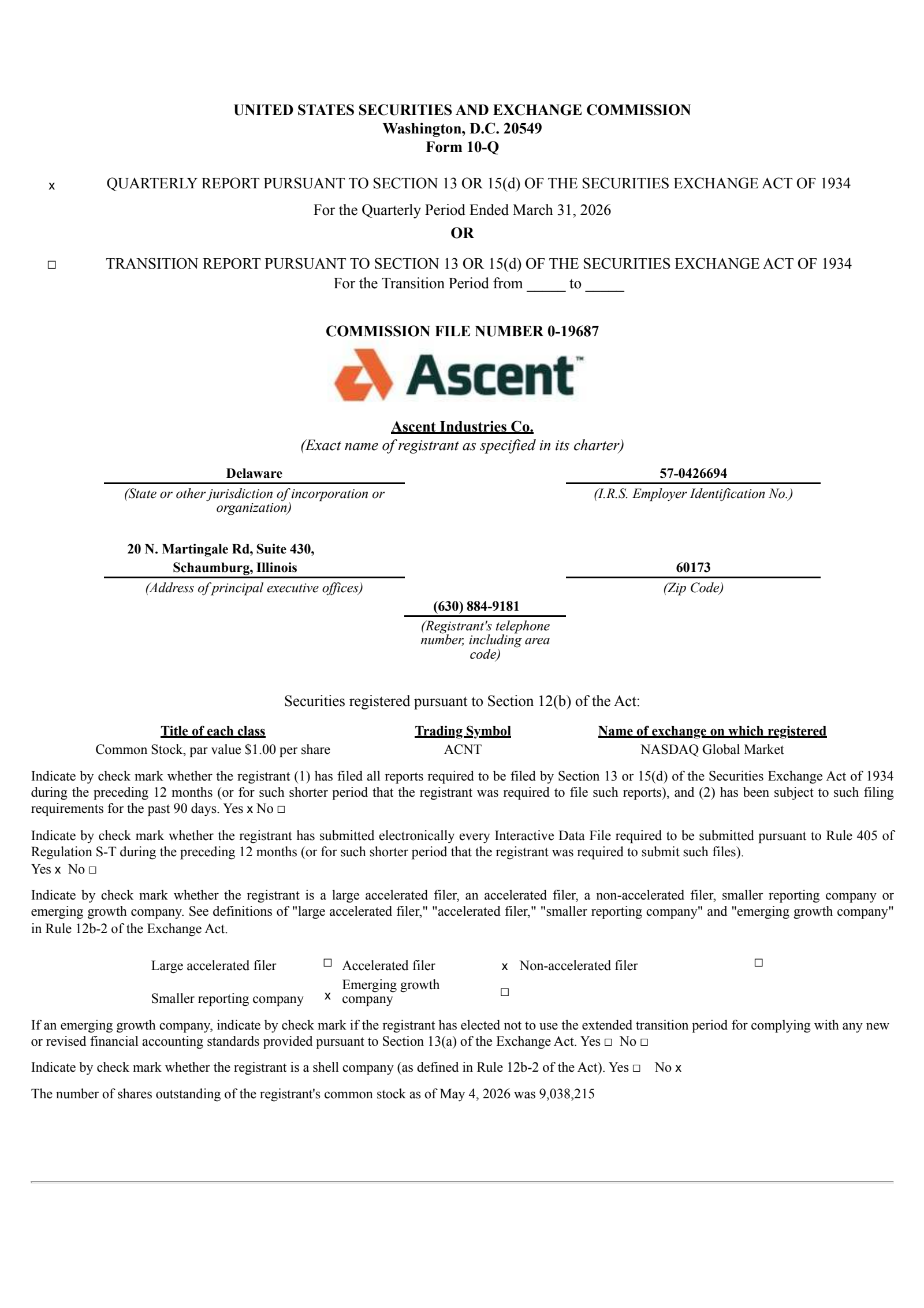 Ascent Industries' Q1 2026 Quarterly report