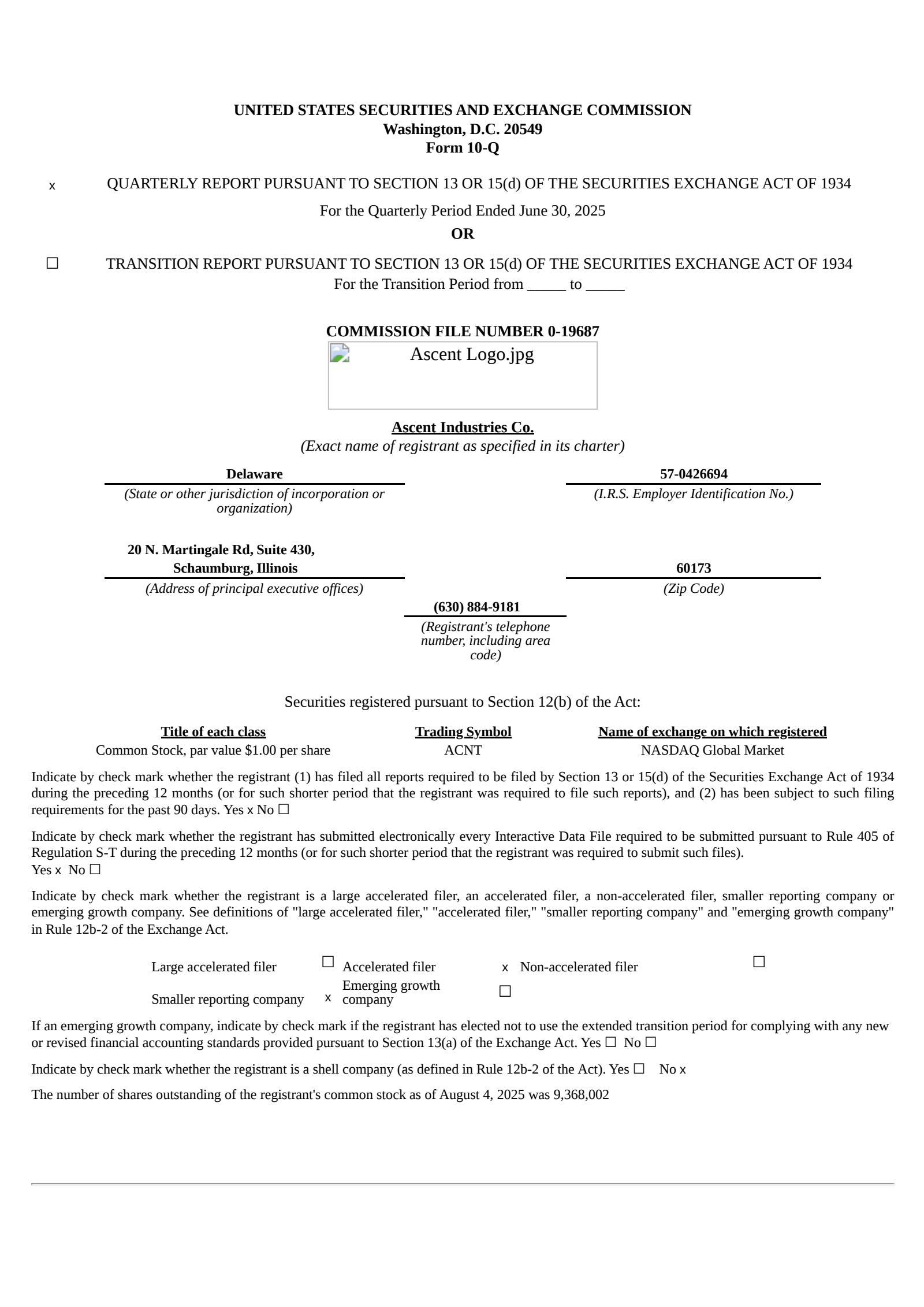 Ascent Industries' Q2 2025 Quarterly report