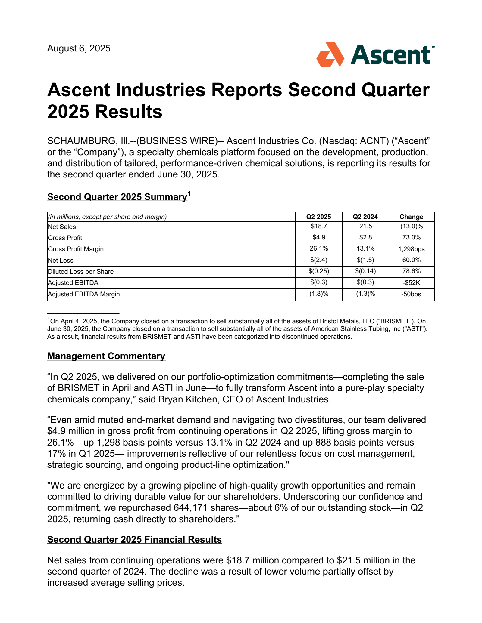 Ascent Industries' Q2 2025 Press Release