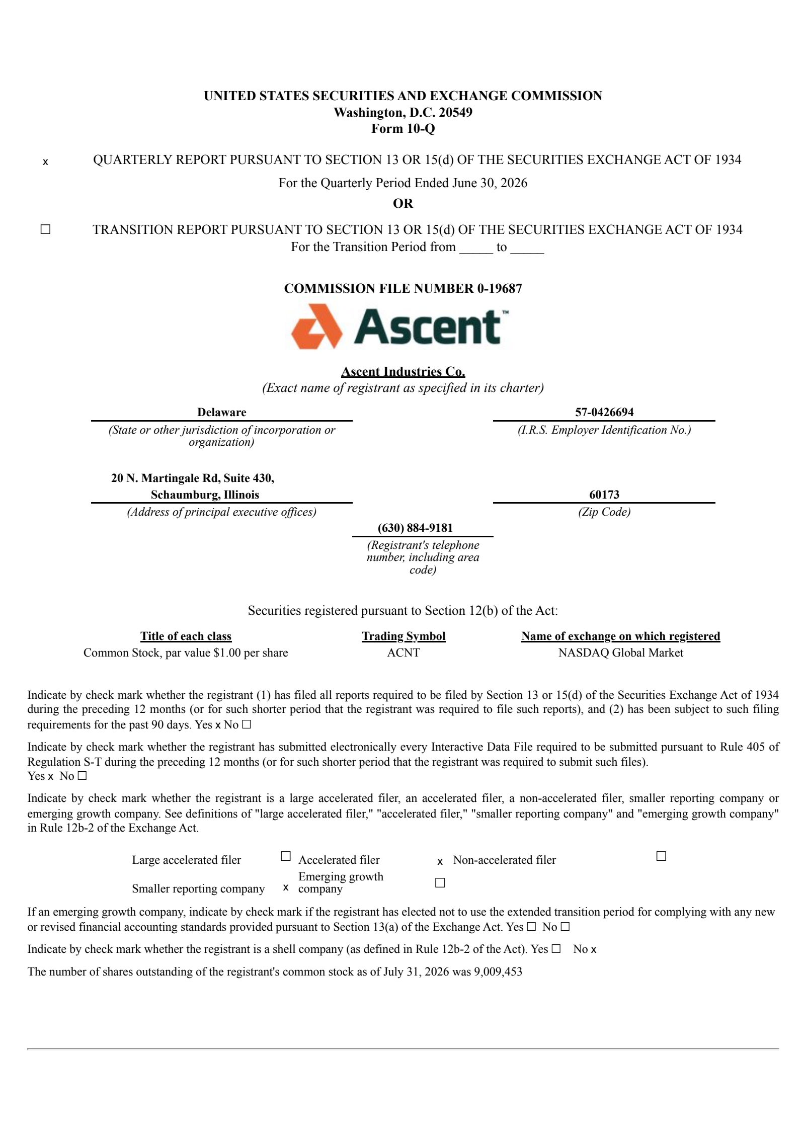 Ascent Industries' Q2 2026 Quarterly report