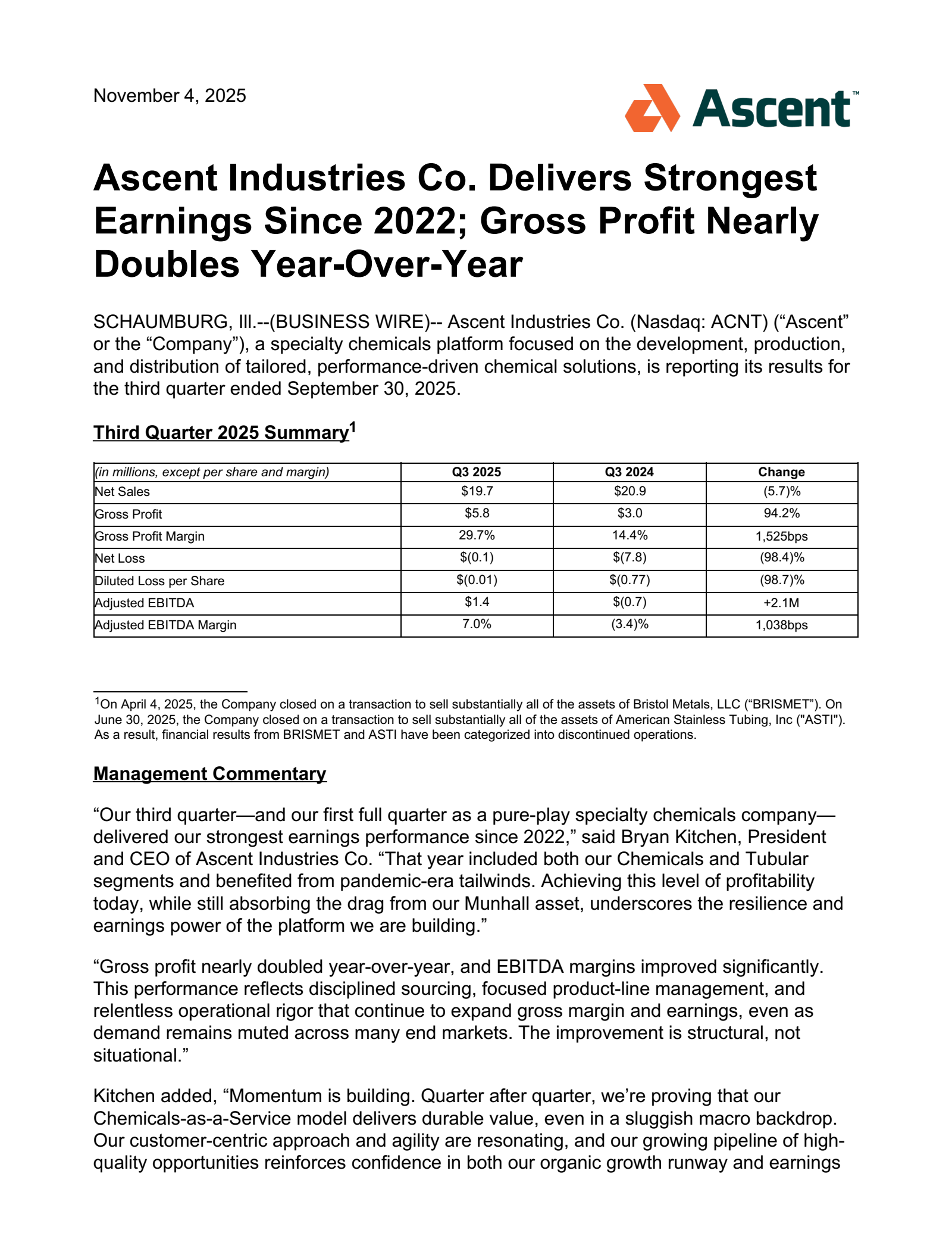 Ascent Industries' Q3 2025 Earnings Release
