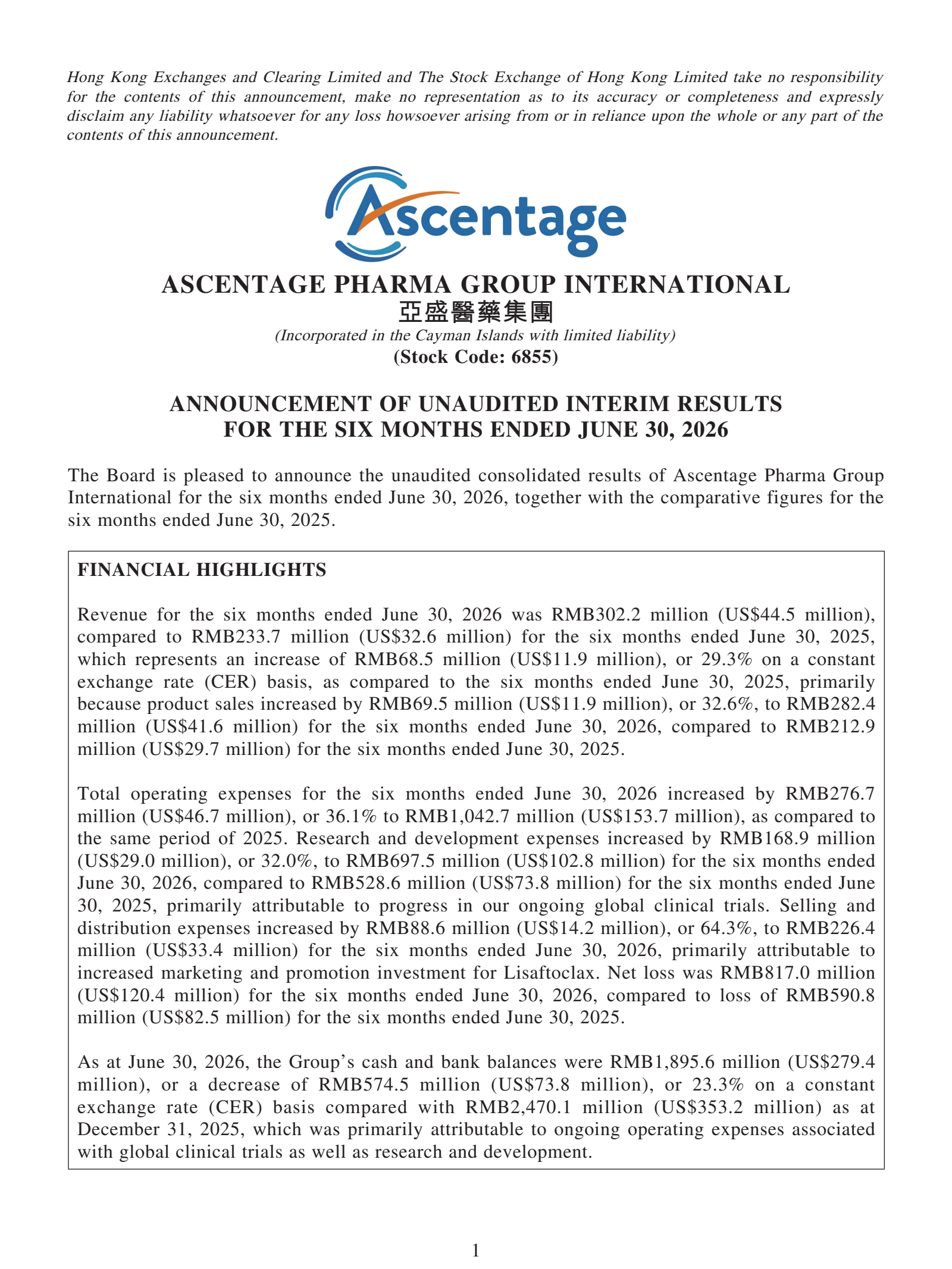 Ascentage Pharma Group International's H1 2026 Press Release
