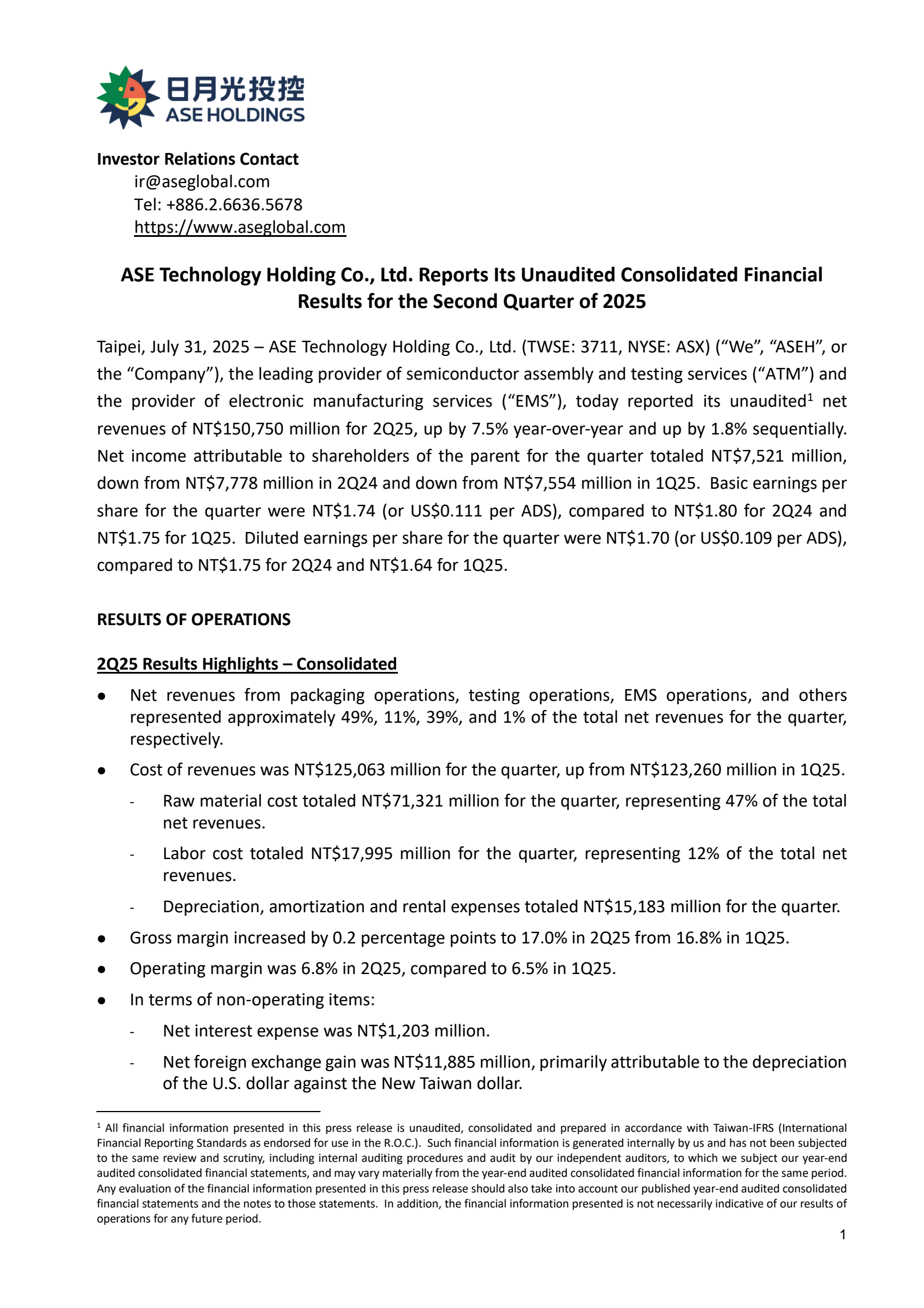 ASE Technology's Q2 2025 Press Release