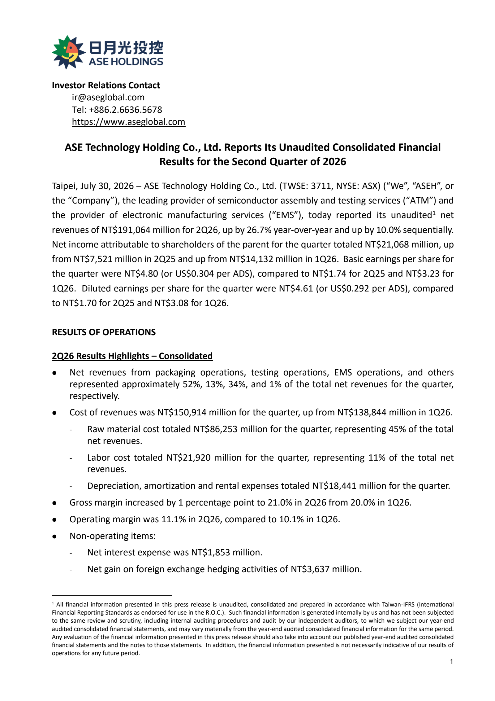 ASE Technology's Q2 2026 Press Release