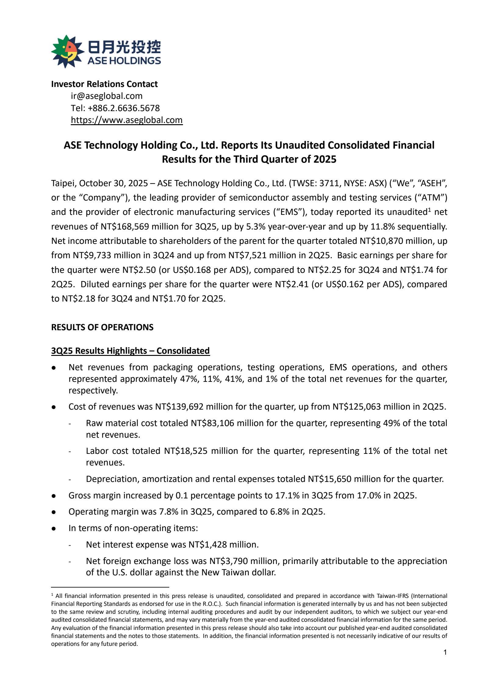 ASE Technology's Q3 2025 Earnings Release