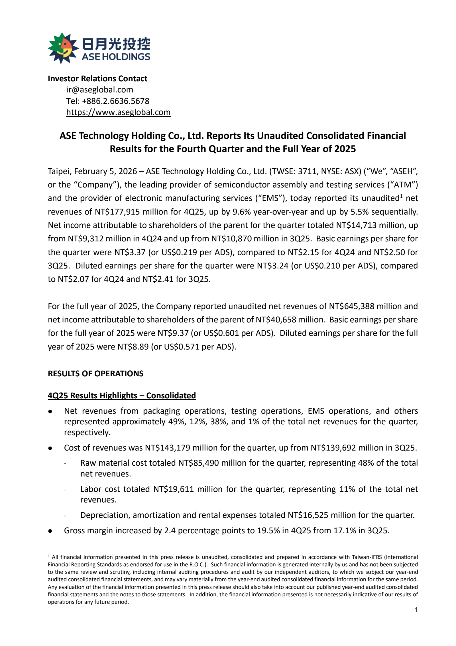 ASE Technology's Q4 2025 Press Release