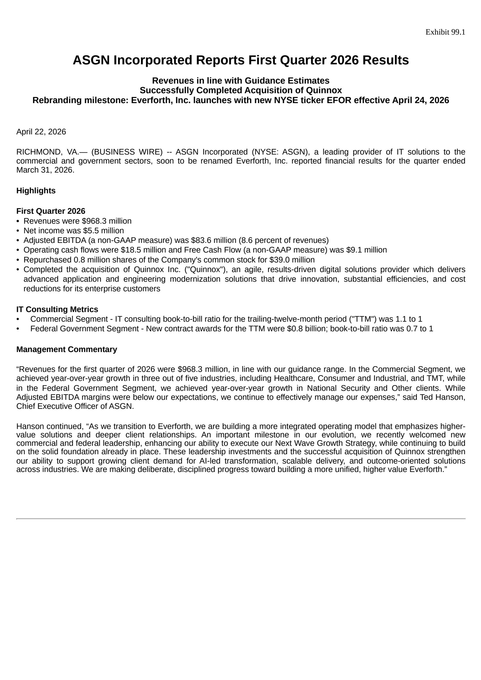 ASGN's Q1 2026 Press Release