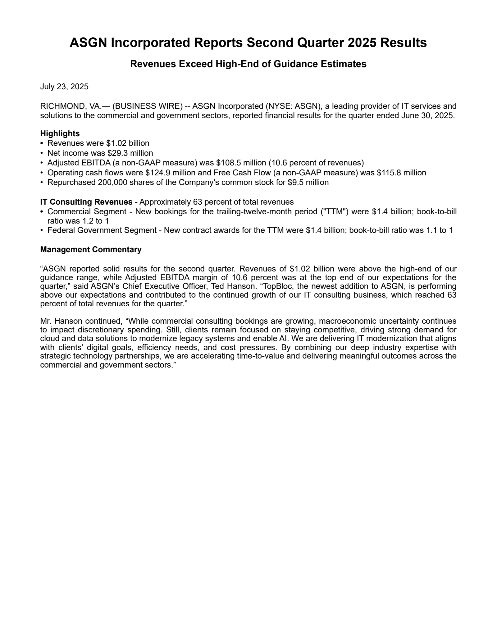ASGN's Q2 2025 Press Release
