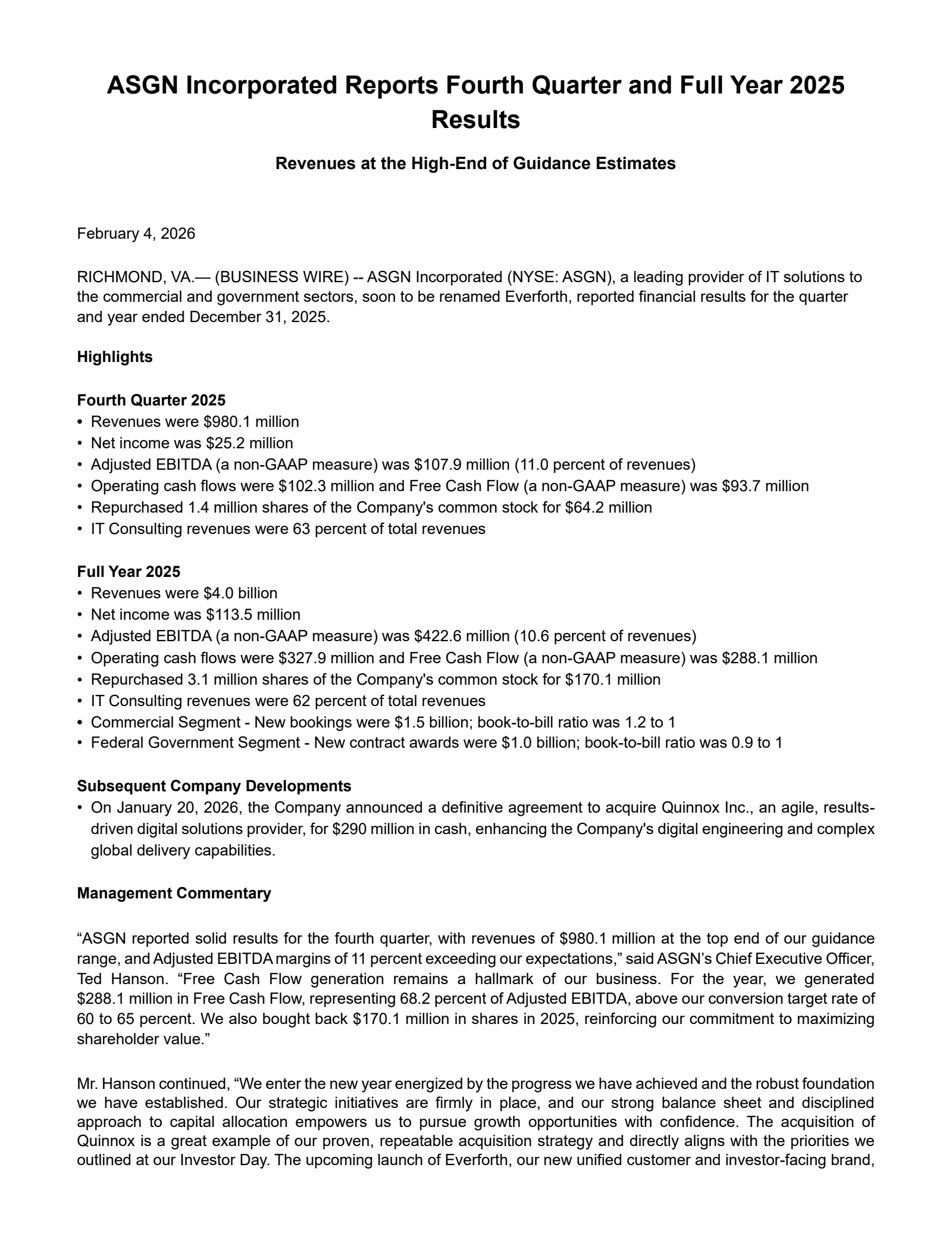 ASGN's Q4 2025 Press Release