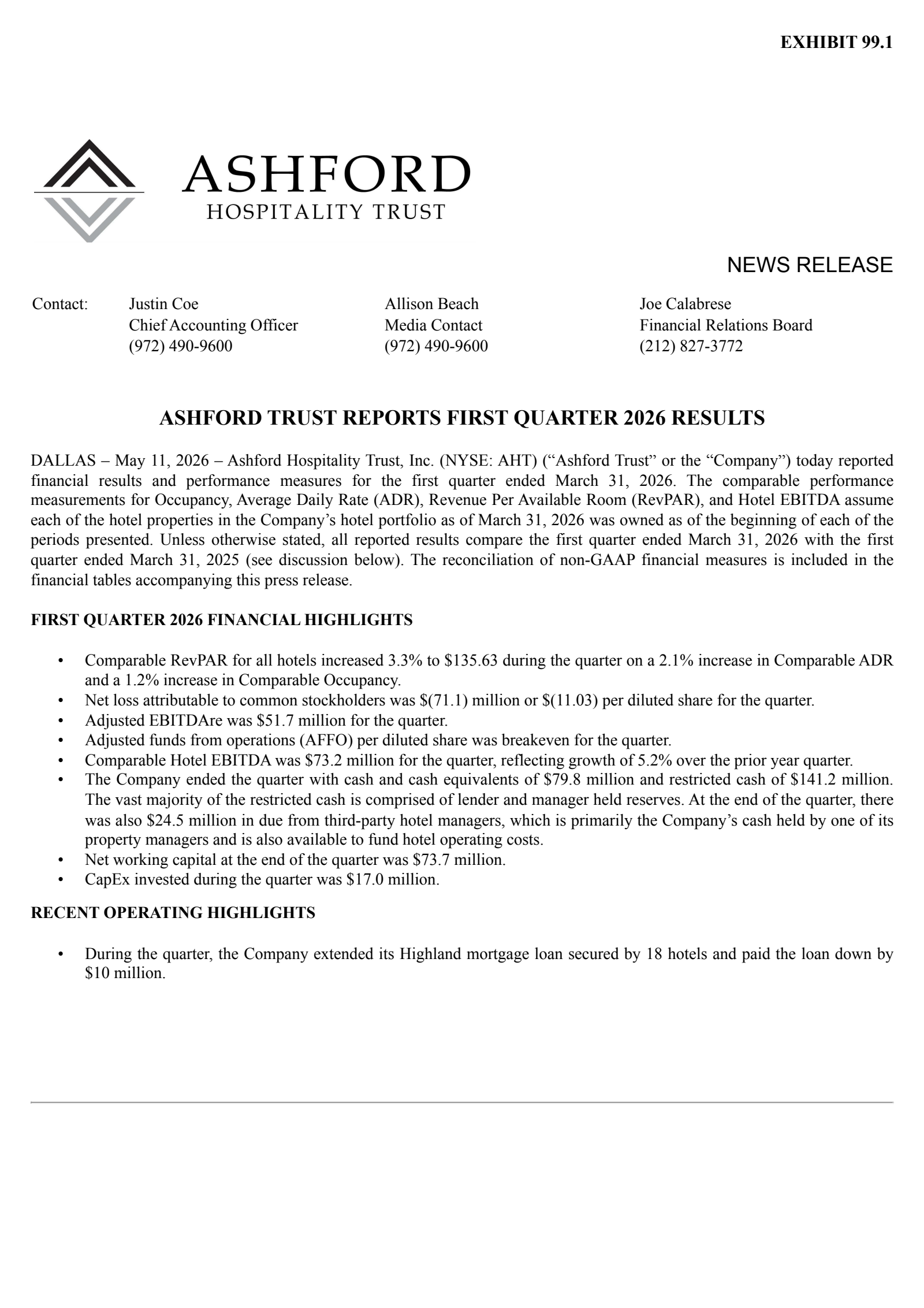 Ashford Hospitality Trust's Q1 2026 Press Release