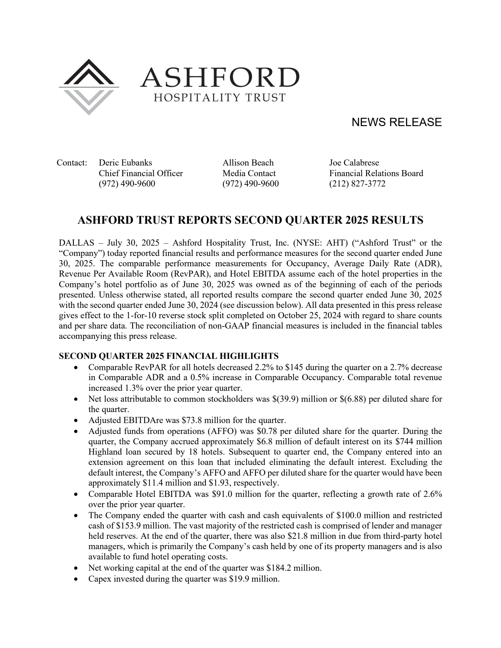 Ashford Hospitality Trust's Q2 2025 Press Release