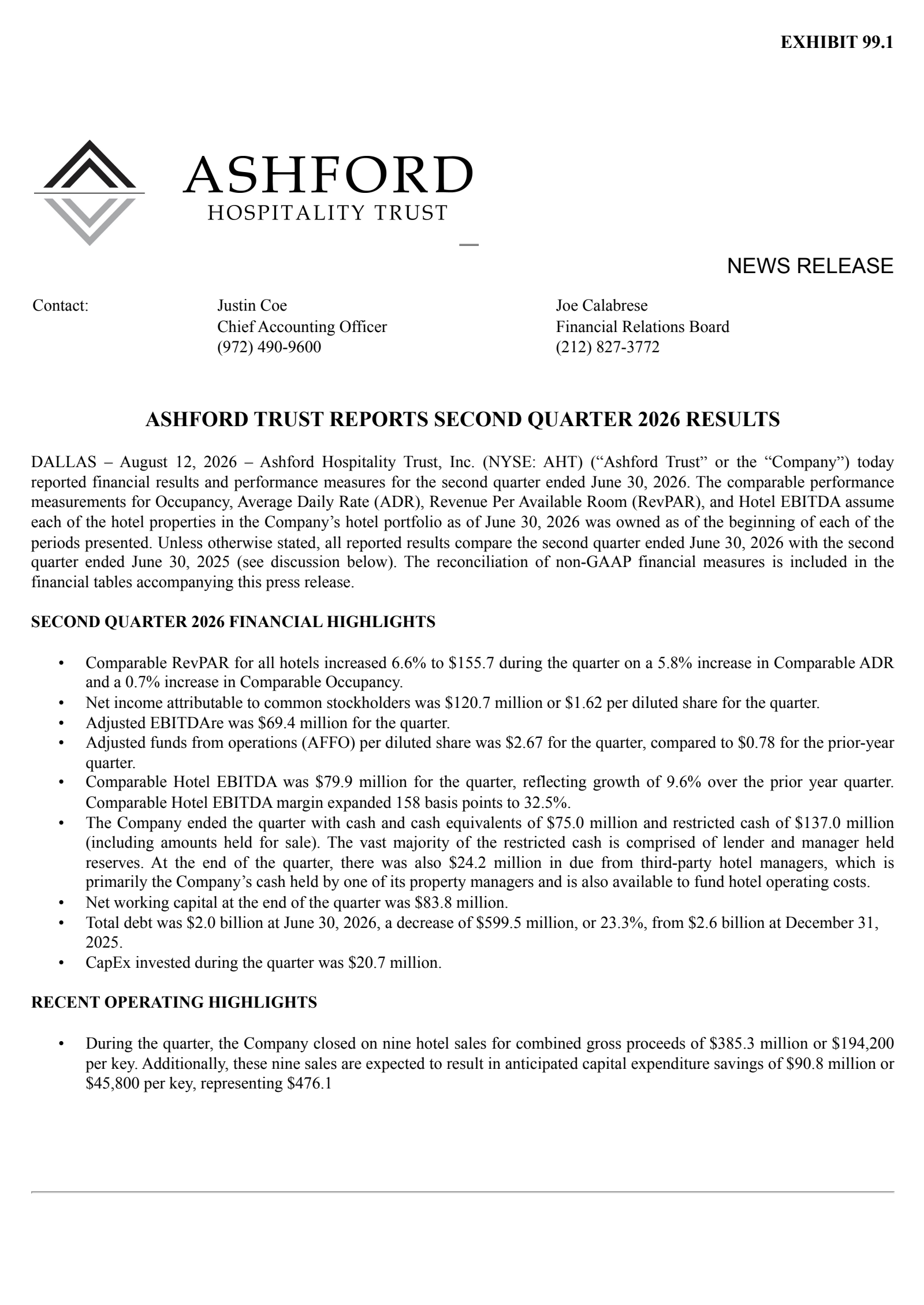 Ashford Hospitality Trust's Q2 2026 Press Release
