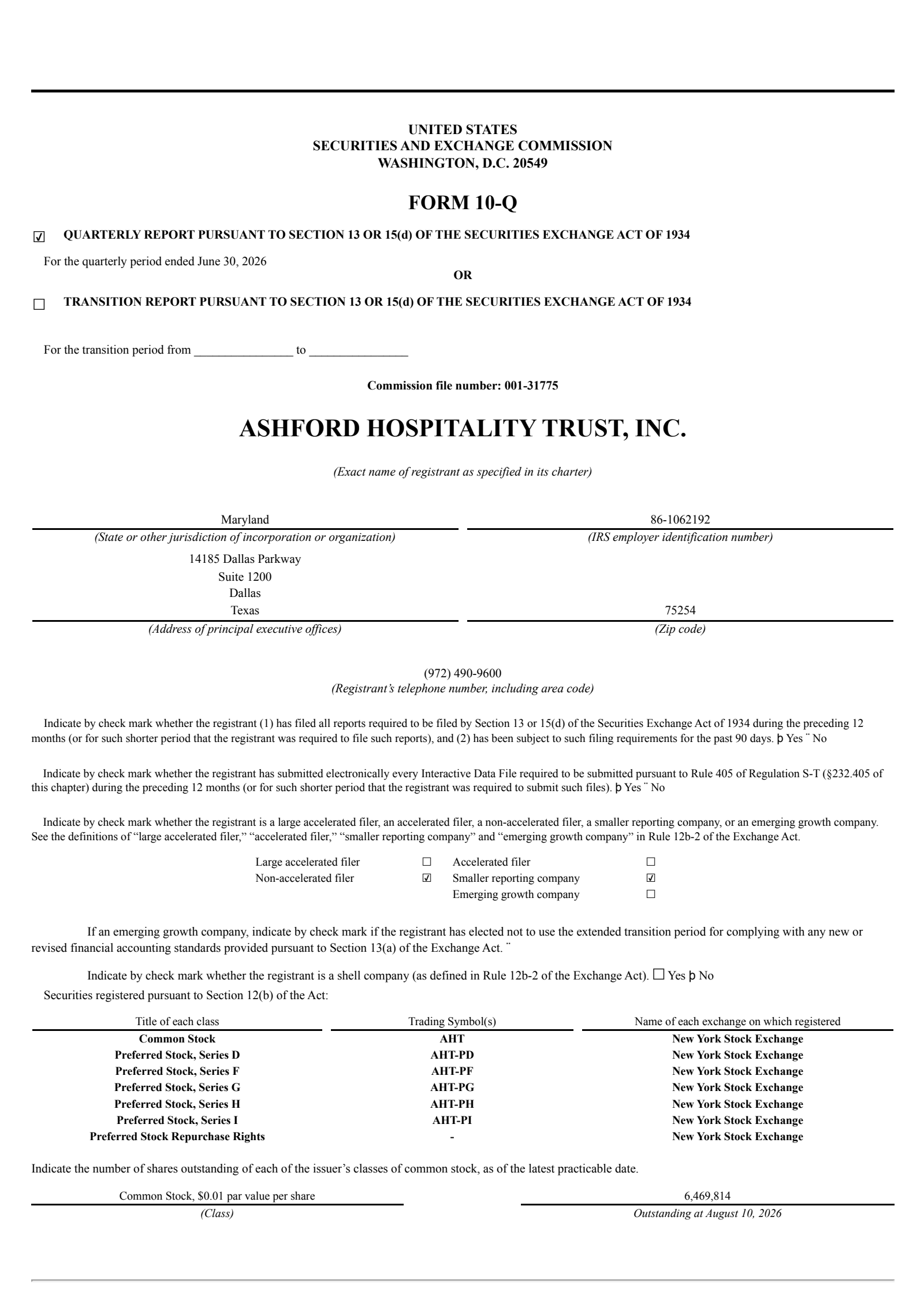 Ashford Hospitality Trust's Q2 2026 Quarterly report