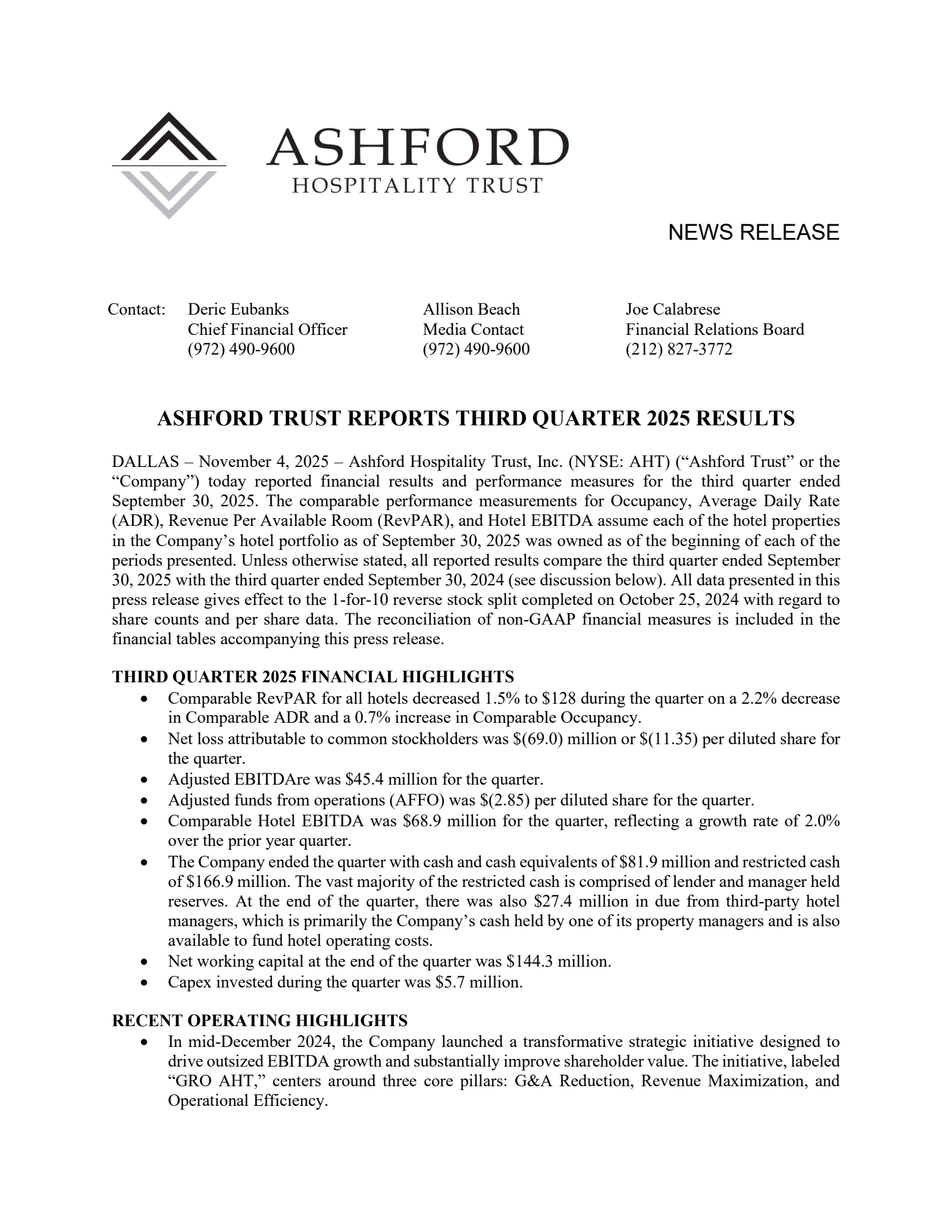 Ashford Hospitality Trust's Q3 2025 Earnings Release