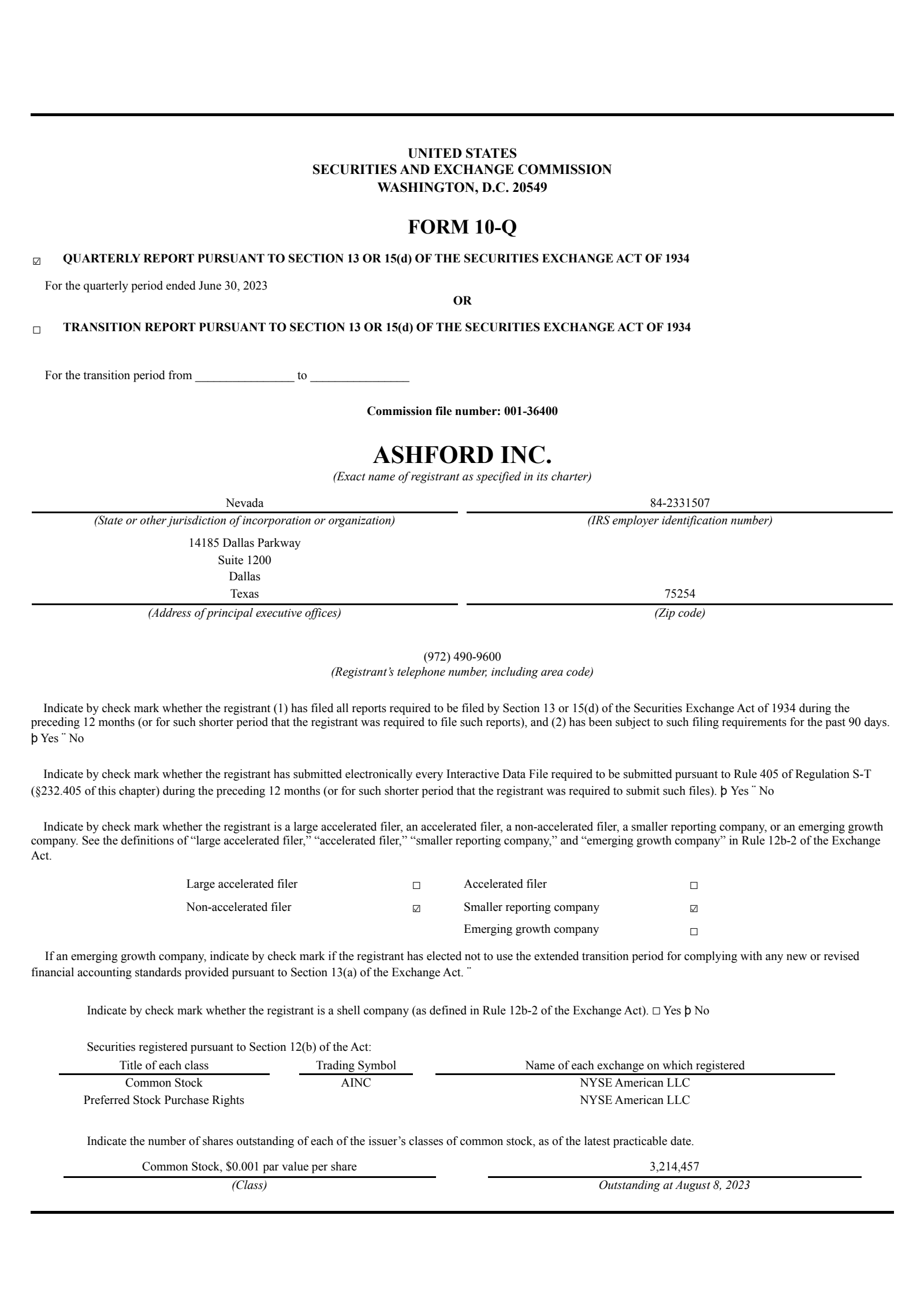 Ashford's Q2 2023 Quarterly report