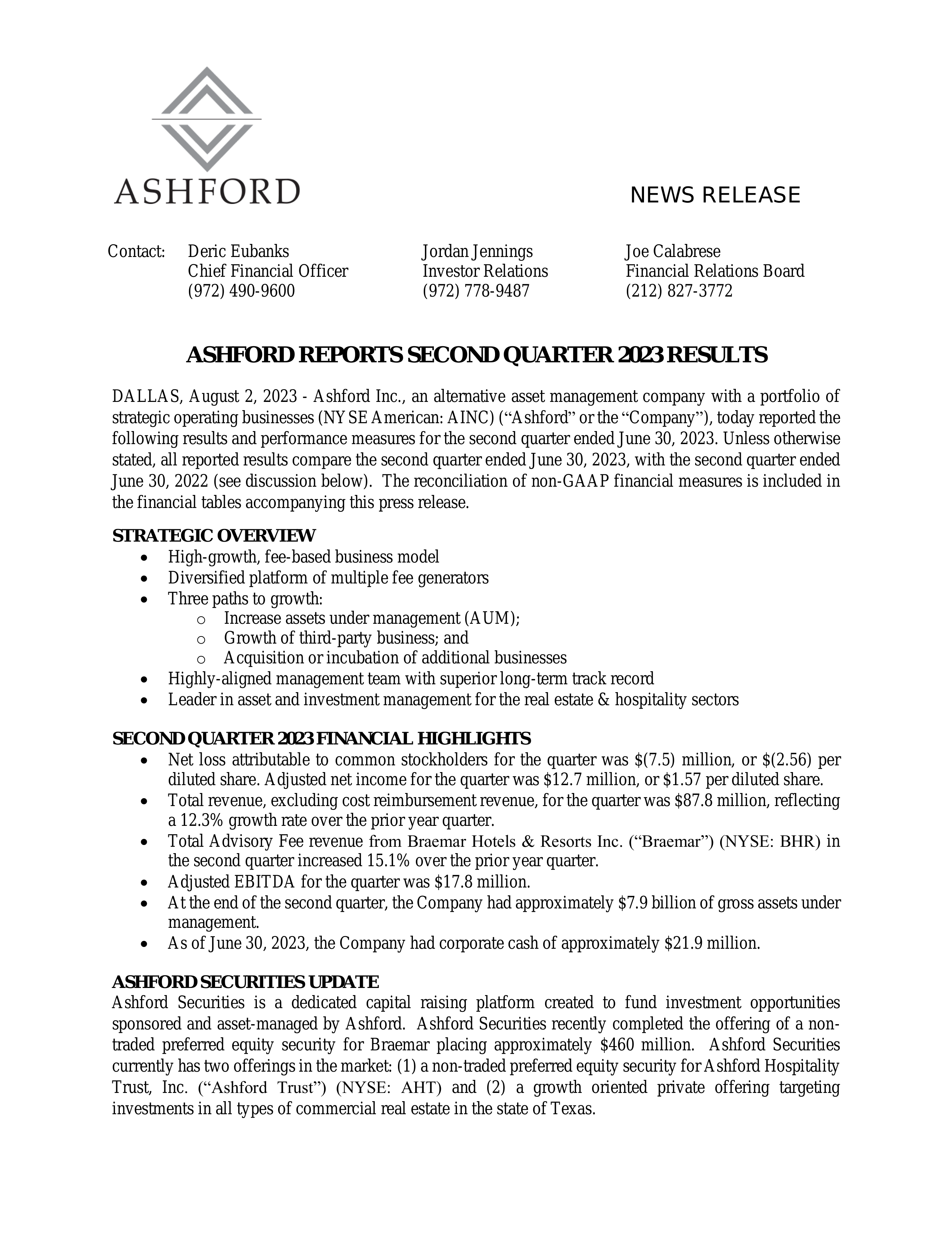 Ashford's Q2 2023 Press Release