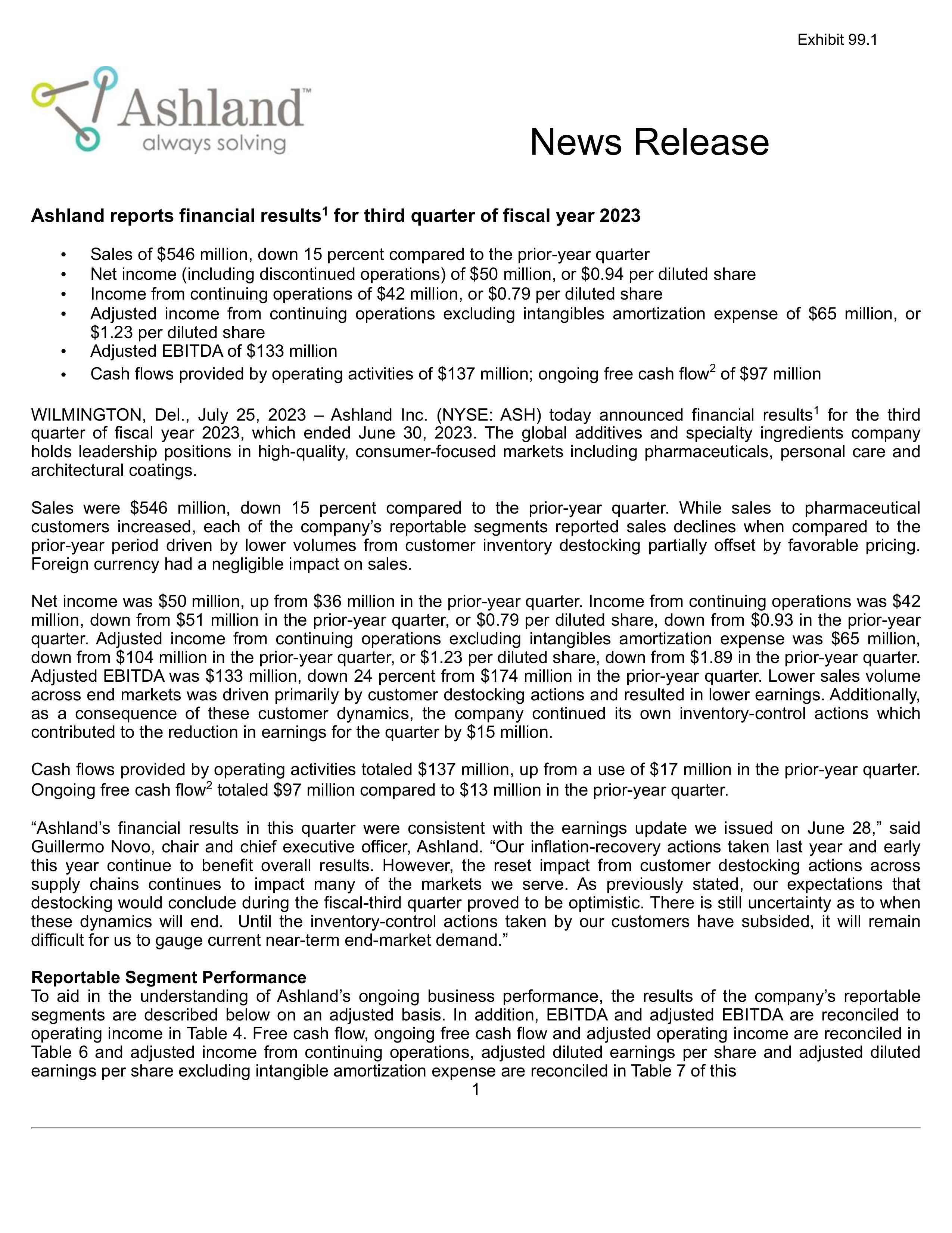 Ashland's Q3 2023 Press Release