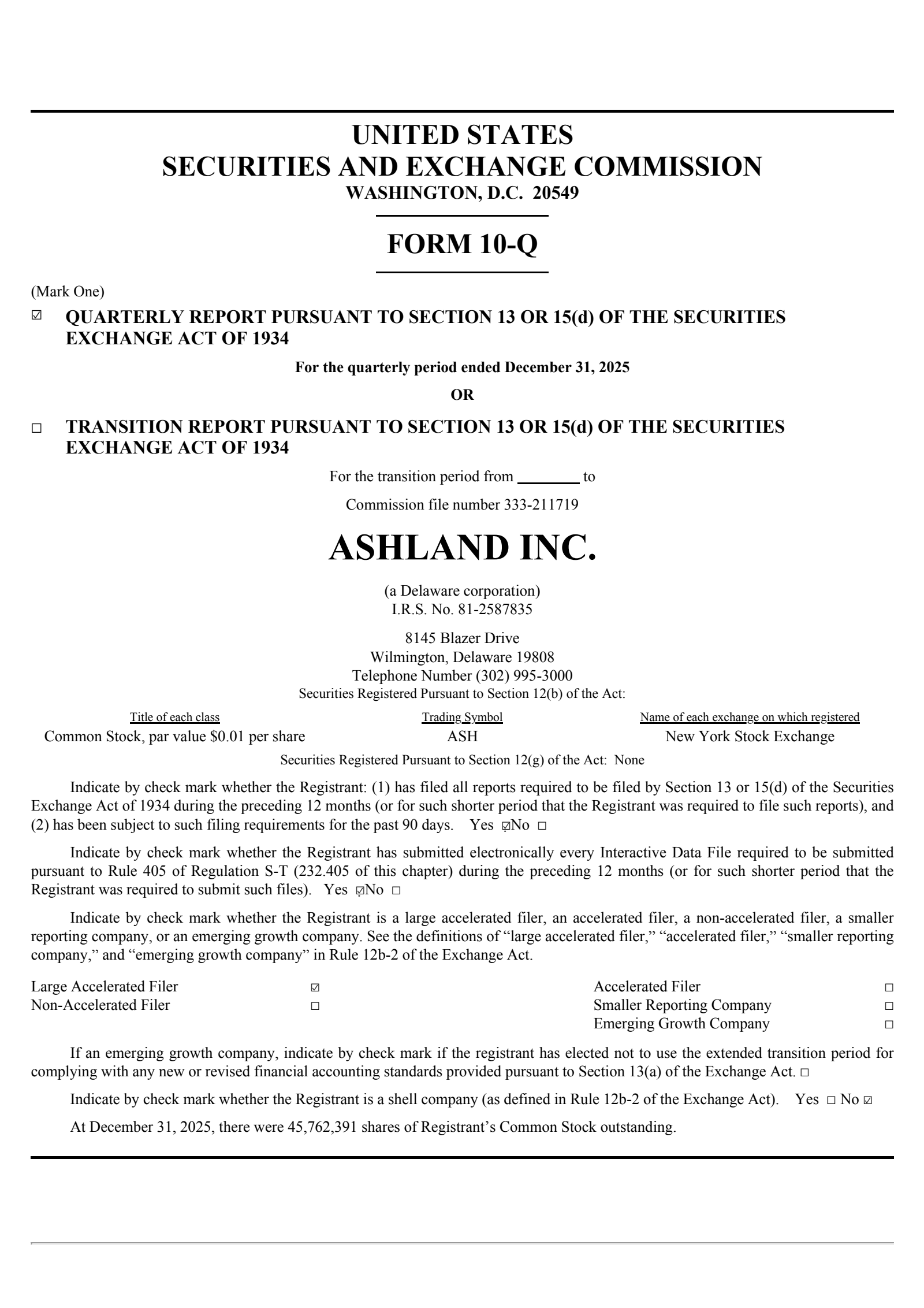Ashland's Q1 2026 Quarterly report