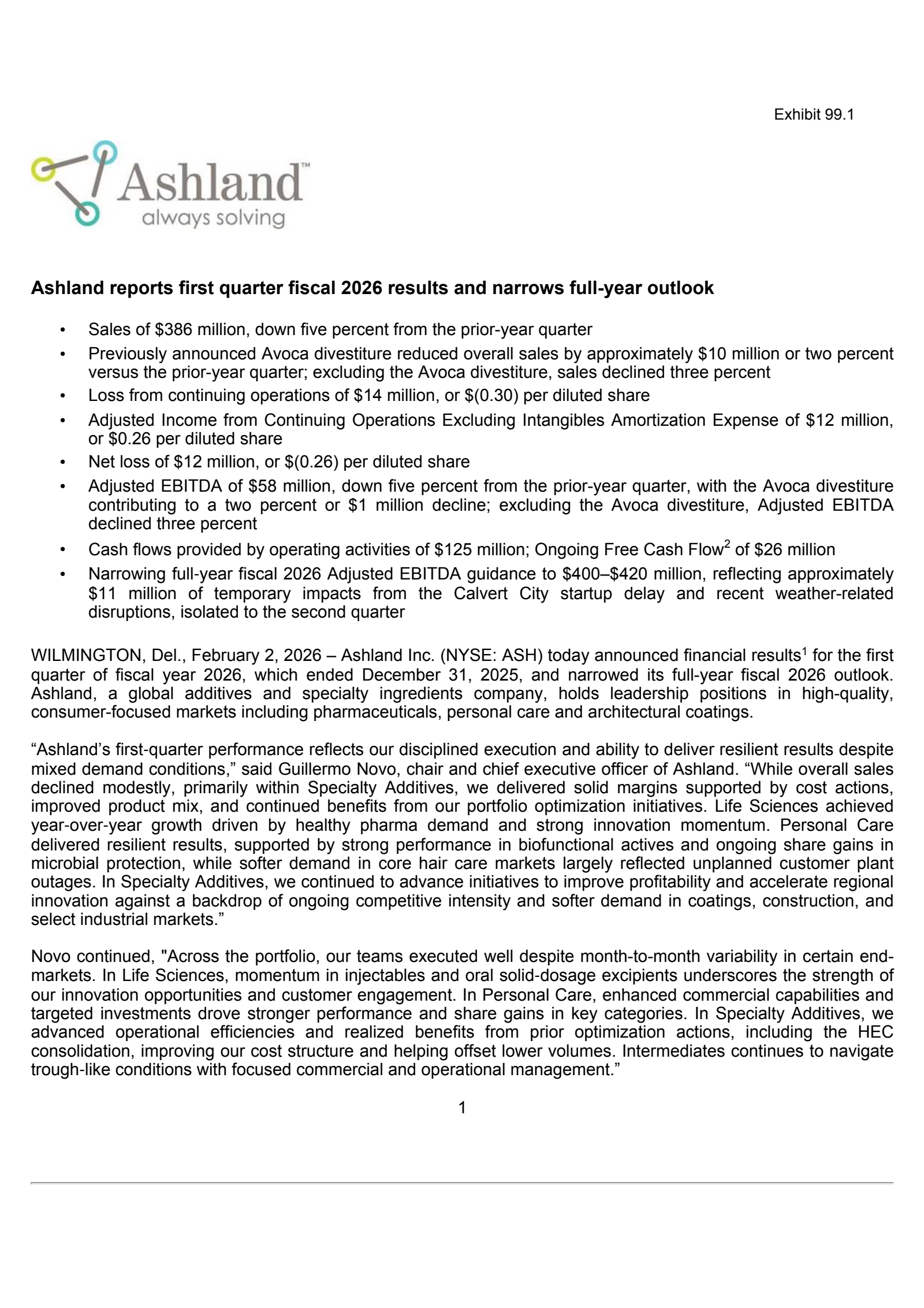 Ashland's Q1 2026 Press Release
