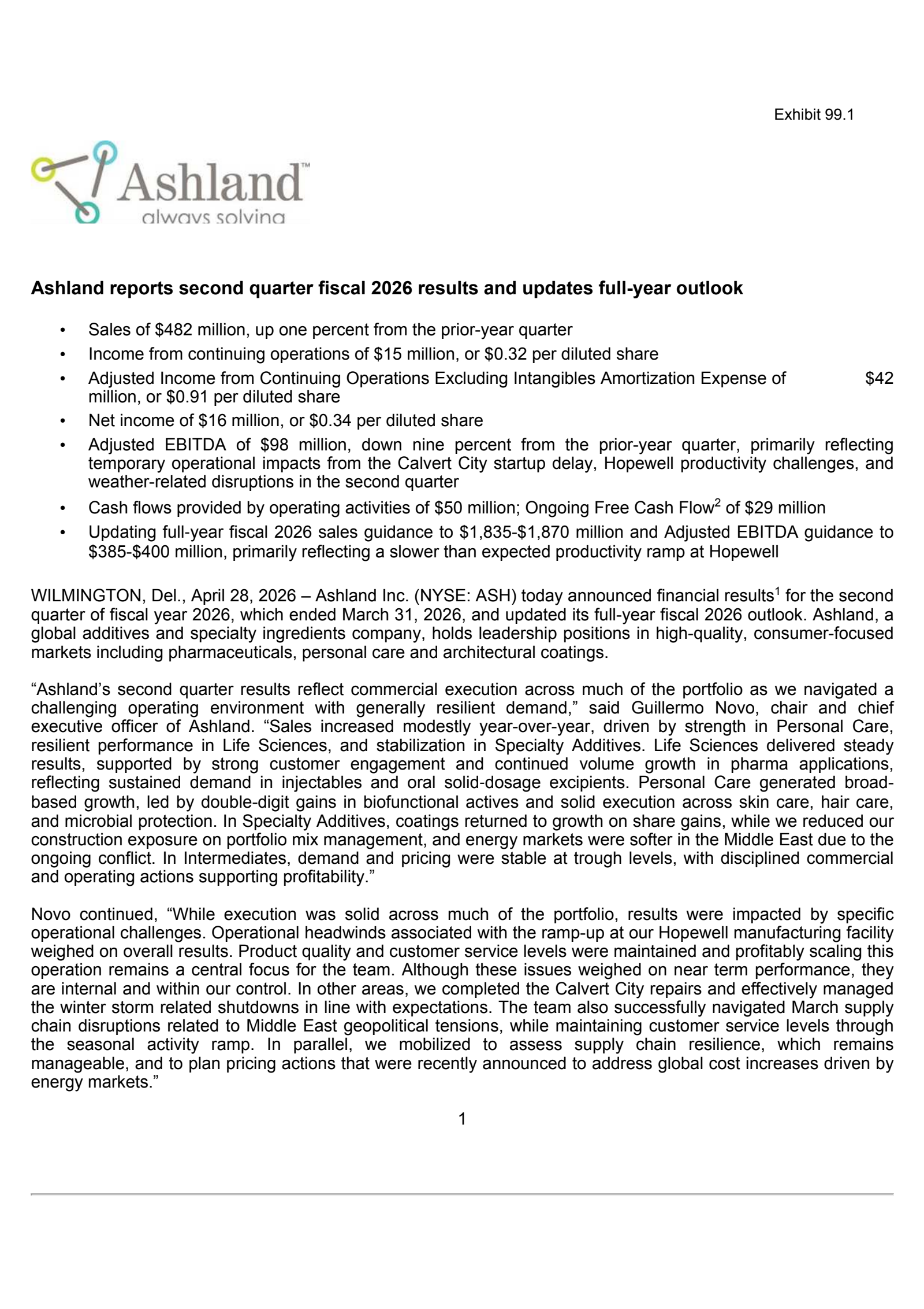 Ashland's Q2 2026 Press Release