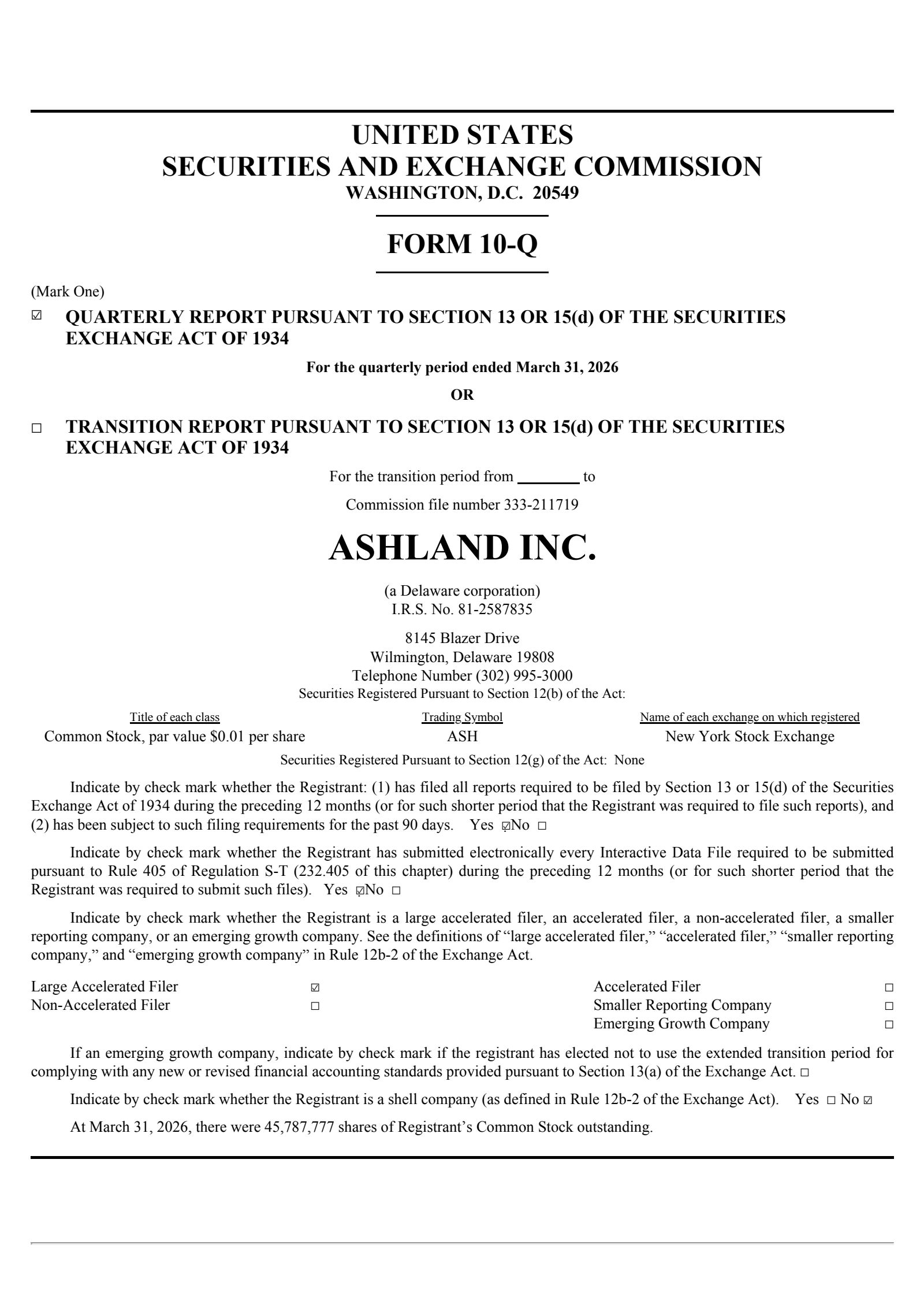 Ashland's Q2 2026 Quarterly report