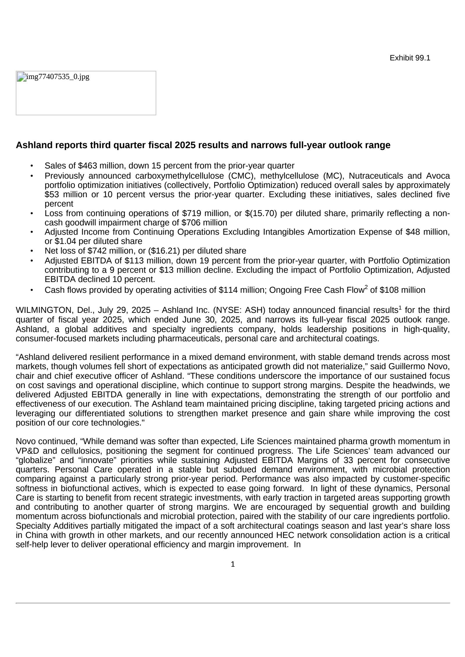 Ashland's Q3 2025 Press Release