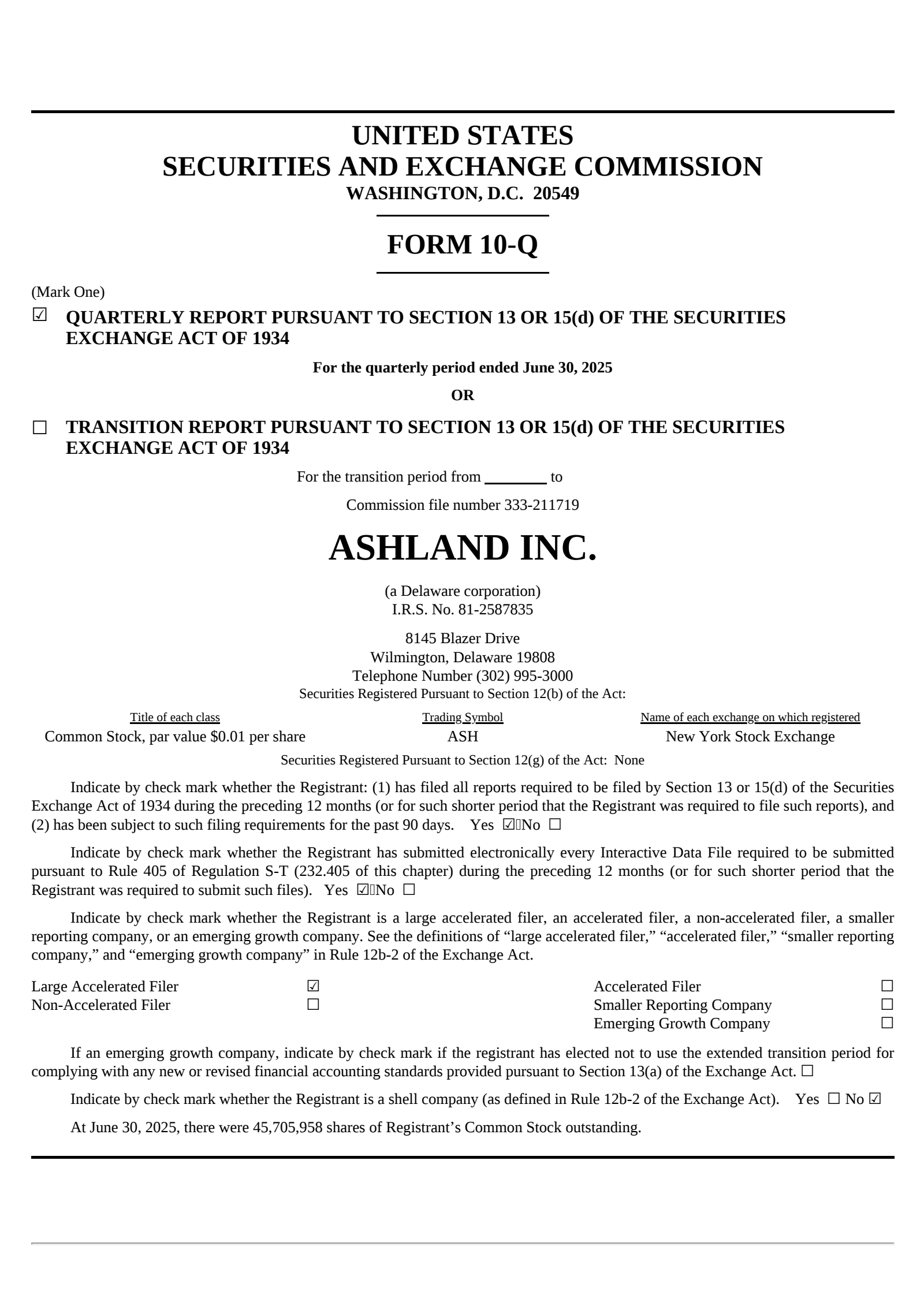 Ashland's Q3 2025 Quarterly report