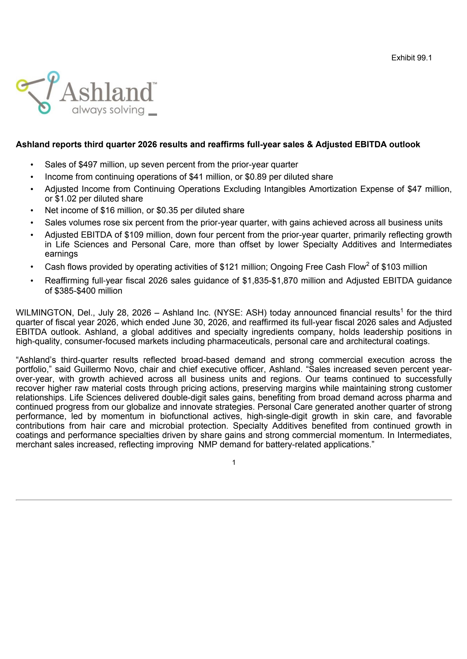 Ashland's Q3 2026 Press Release