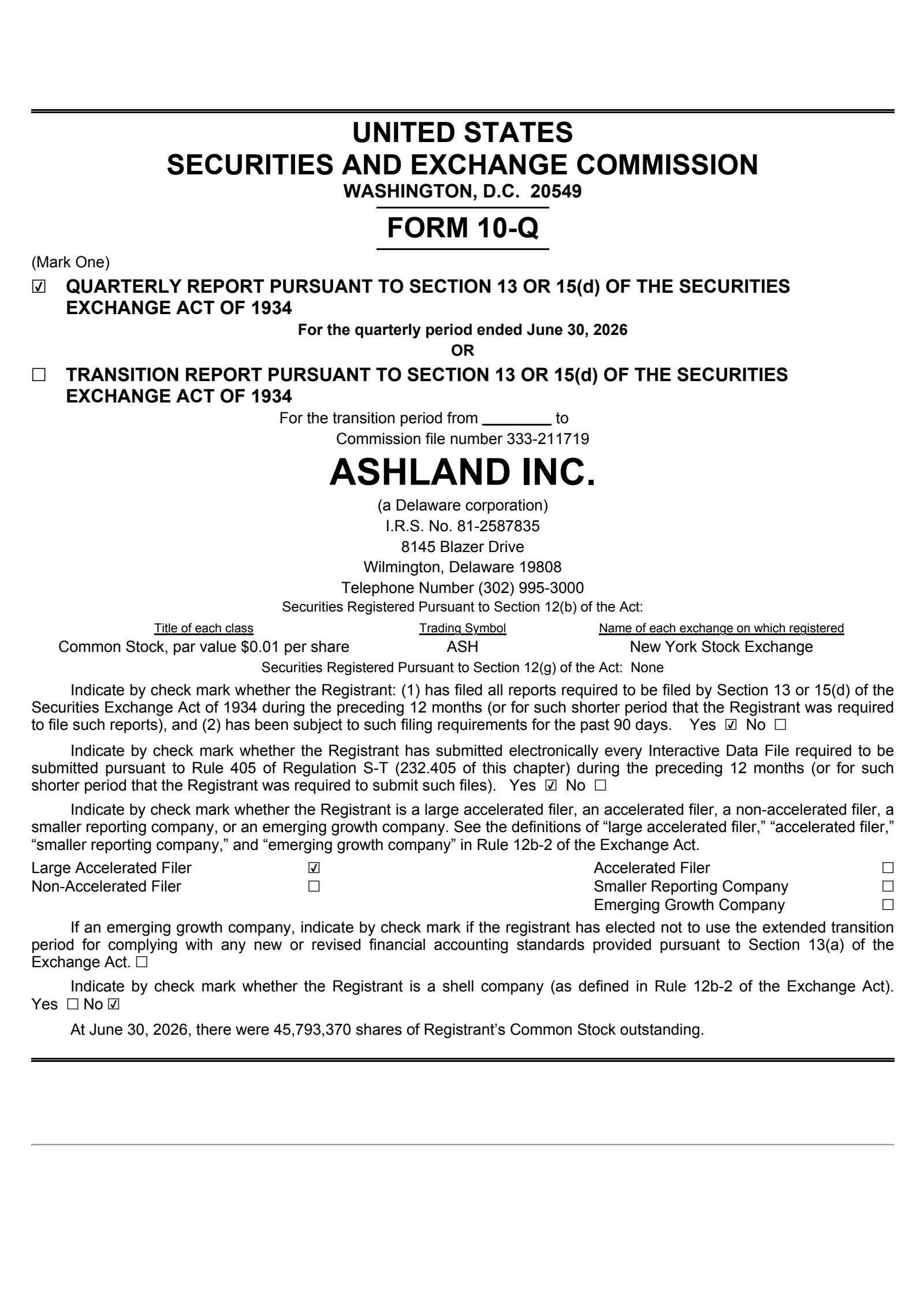 Ashland's Q3 2026 Quarterly report
