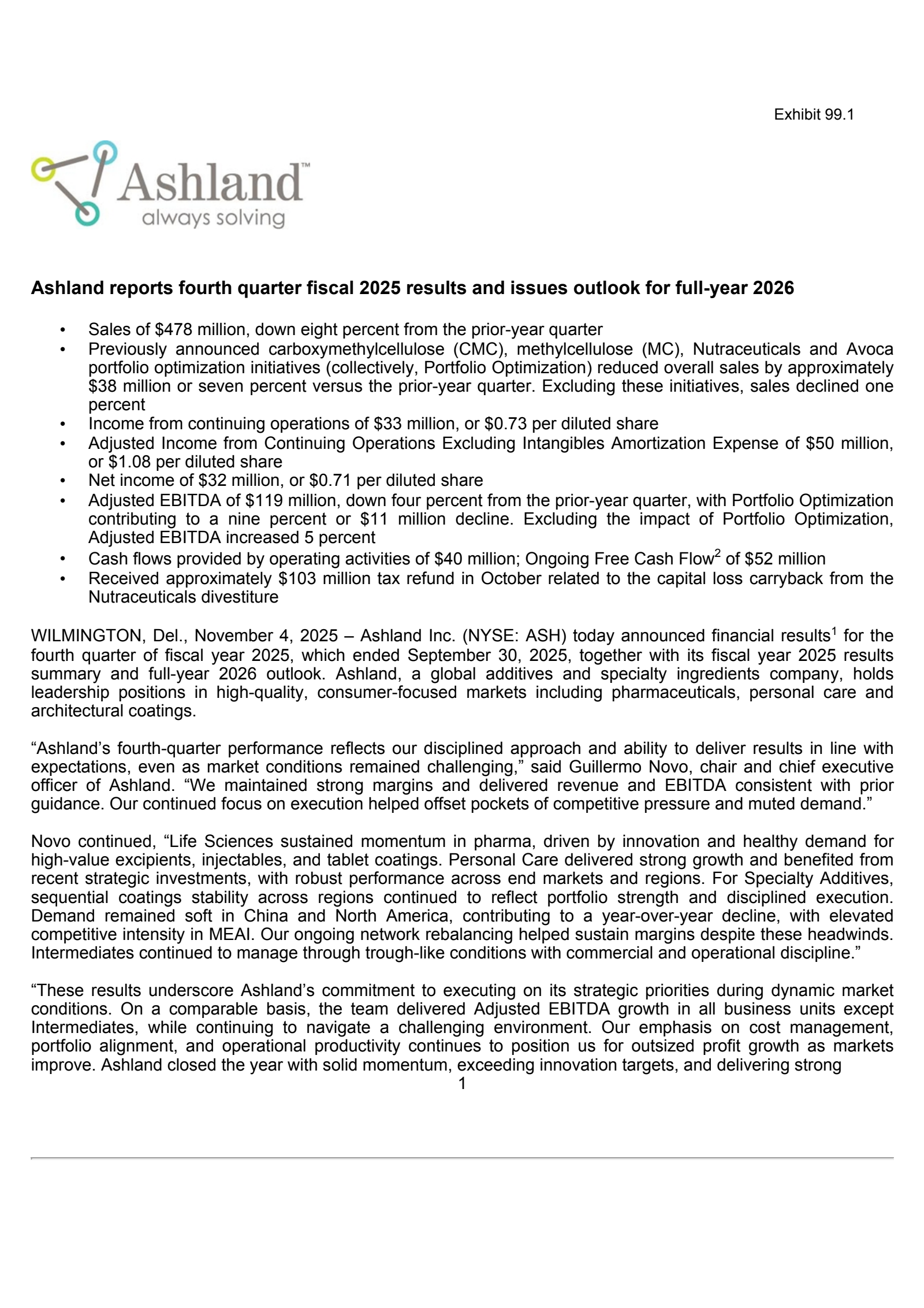 Ashland's Q4 2025 Earnings Release