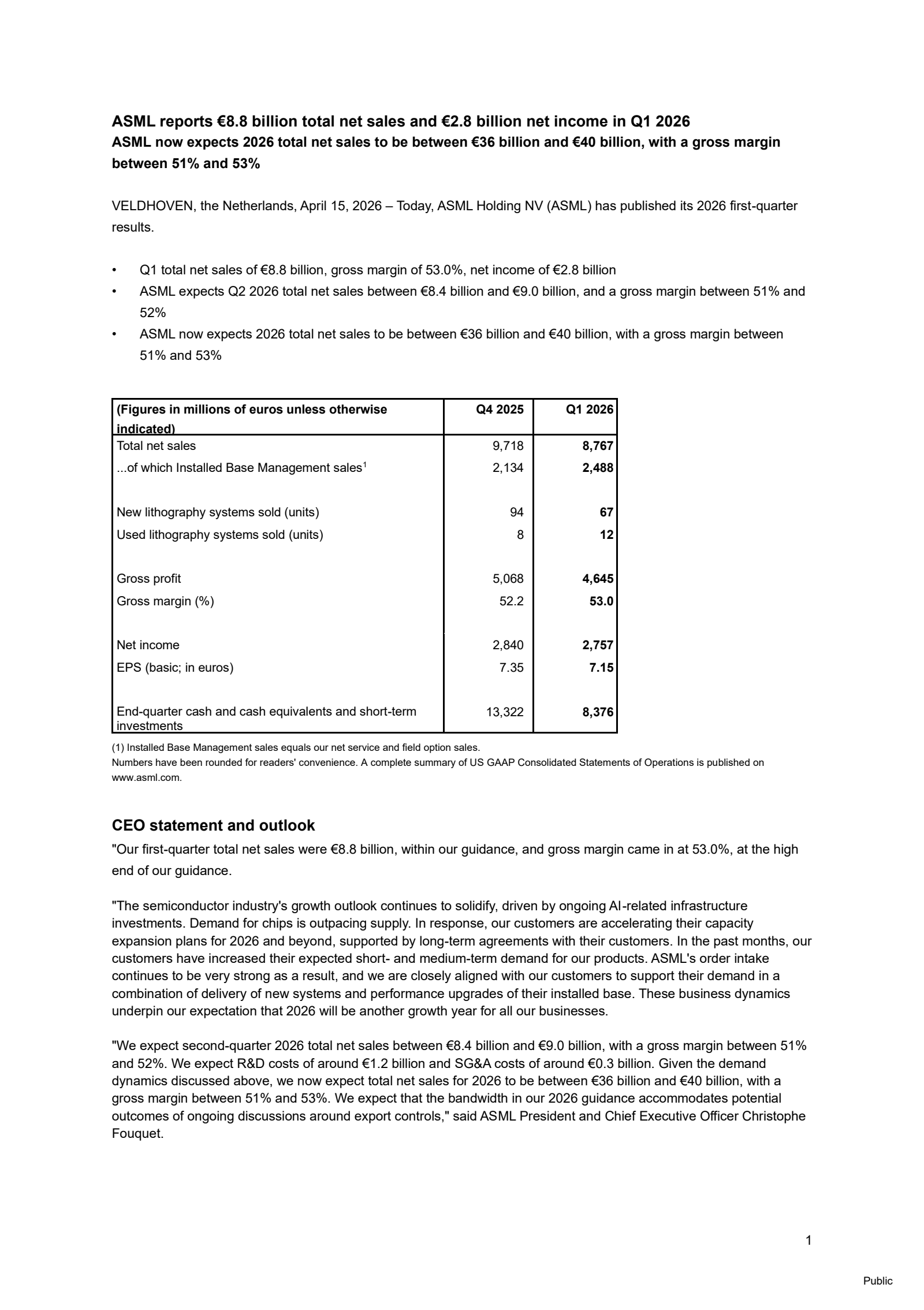 ASML's Q1 2026 Pre Recorded Press Release