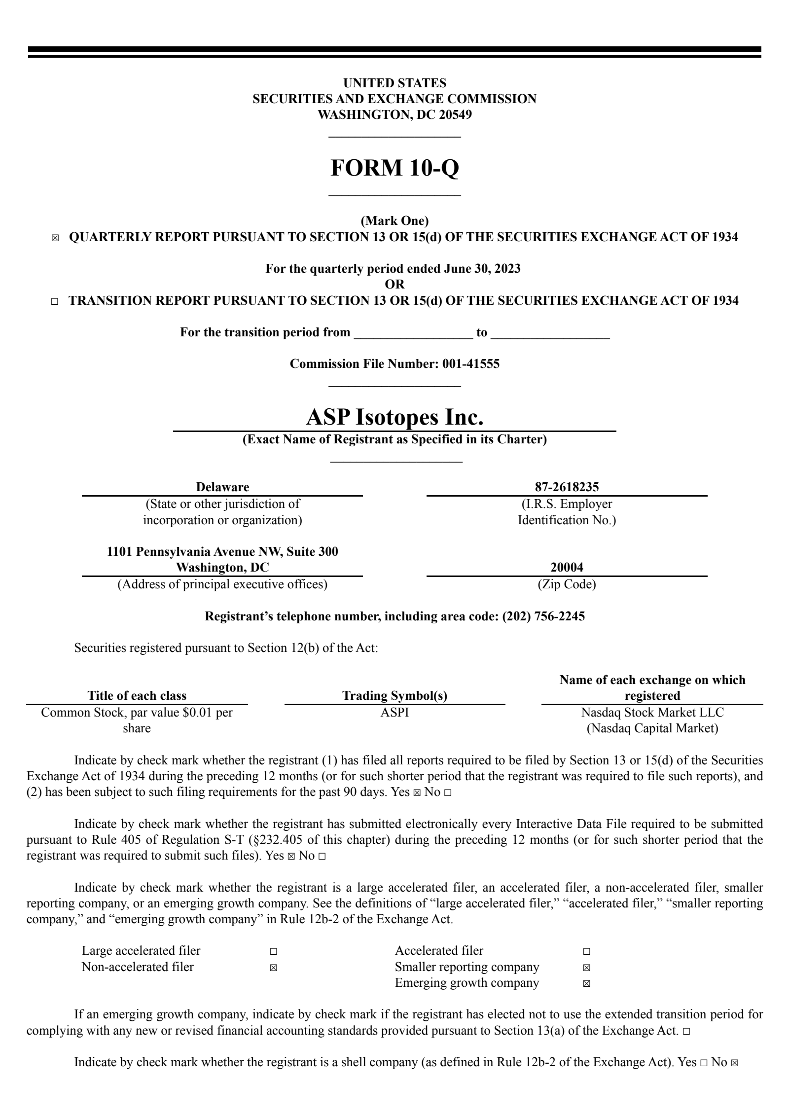 ASP Isotopes' Q2 2023 Quarterly report