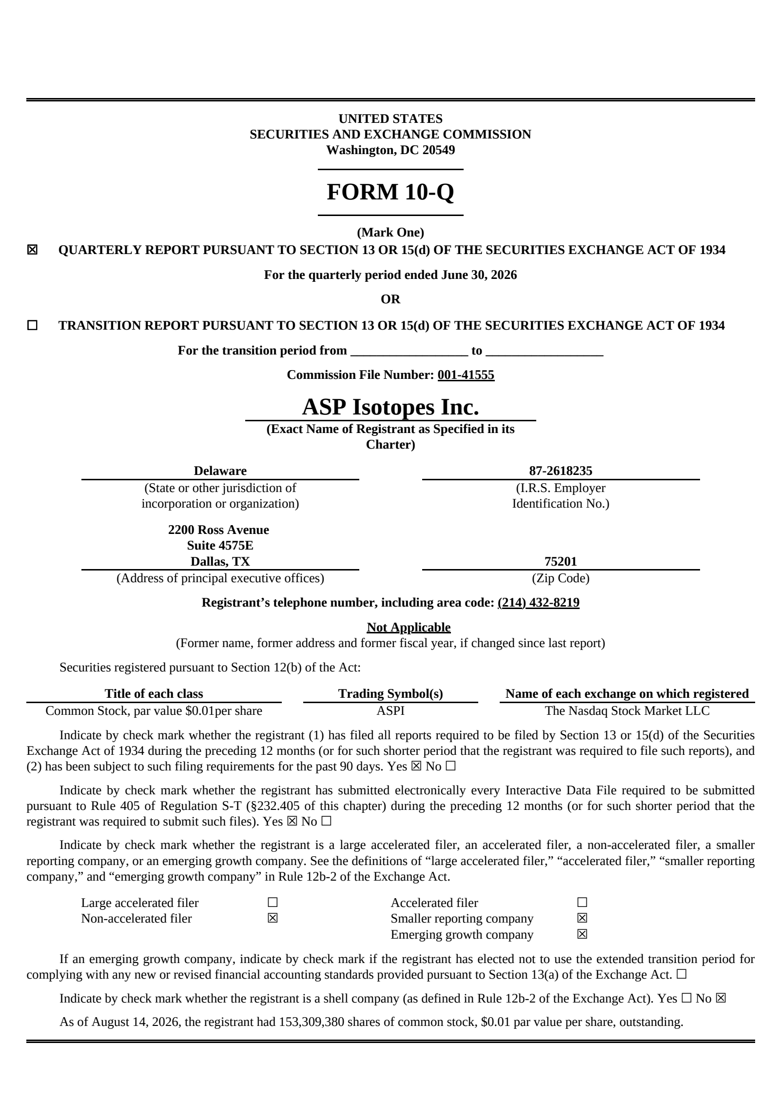 ASP Isotopes' Q2 2026 Quarterly report